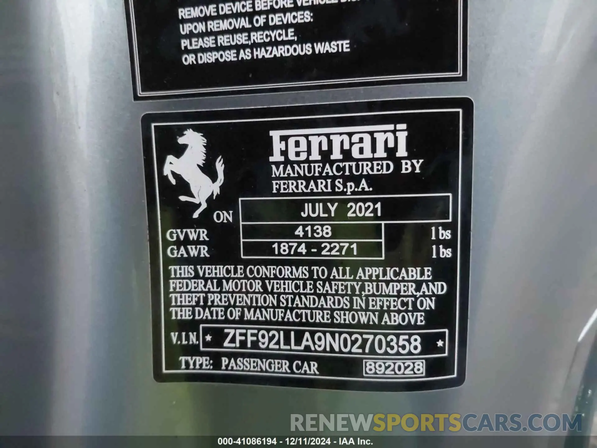 9 fotografías del automóvil dañado ZFF92LLA9N0270358 FERRARI F8 TRIBUTO 2022