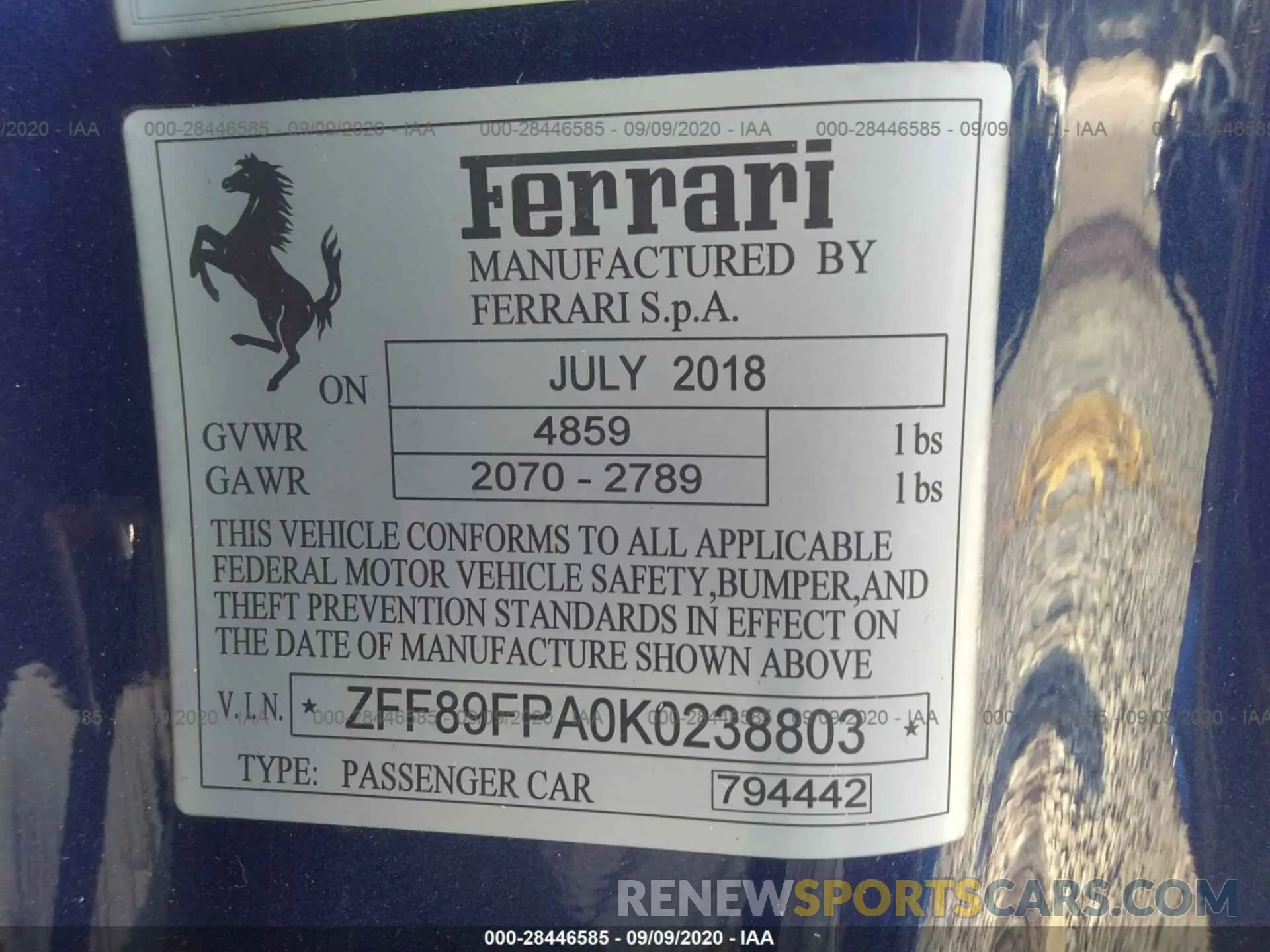 9 fotografías del automóvil dañado ZFF89FPA0K0238803 FERRARI PORTOFINO 2019