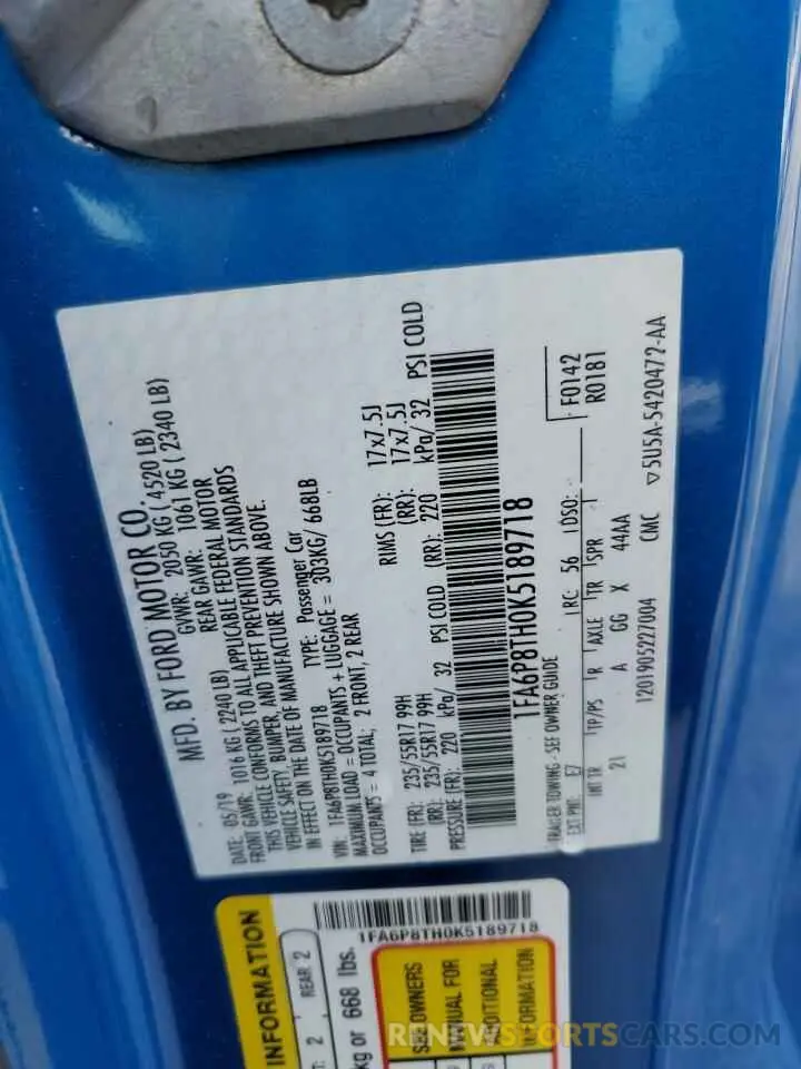 13 fotografías del automóvil dañado 1FA6P8TH0K5189718 FORD ALL Models 2019