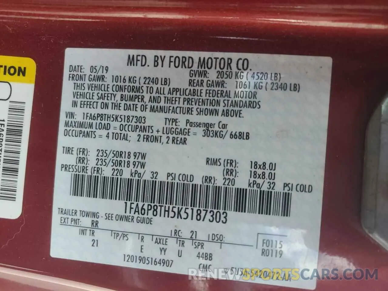 12 fotografías del automóvil dañado 1FA6P8TH5K5187303 FORD ALL Models 2019