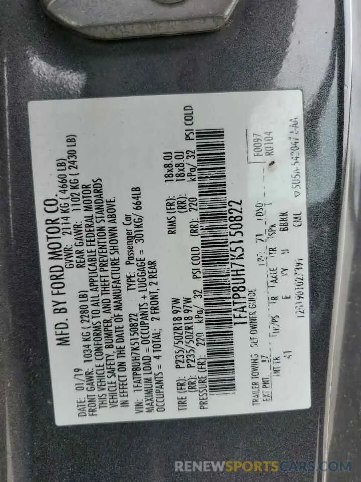 12 fotografías del automóvil dañado 1FATP8UH7K5150822 FORD ALL Models 2019