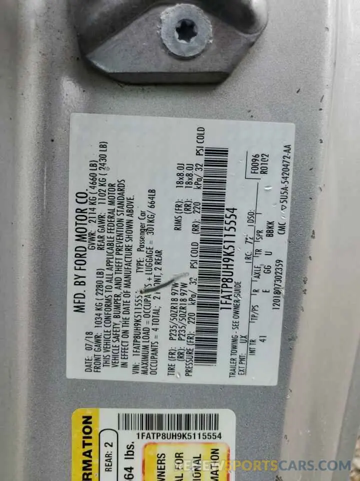 12 fotografías del automóvil dañado 1FATP8UH9K5115554 FORD ALL Models 2019