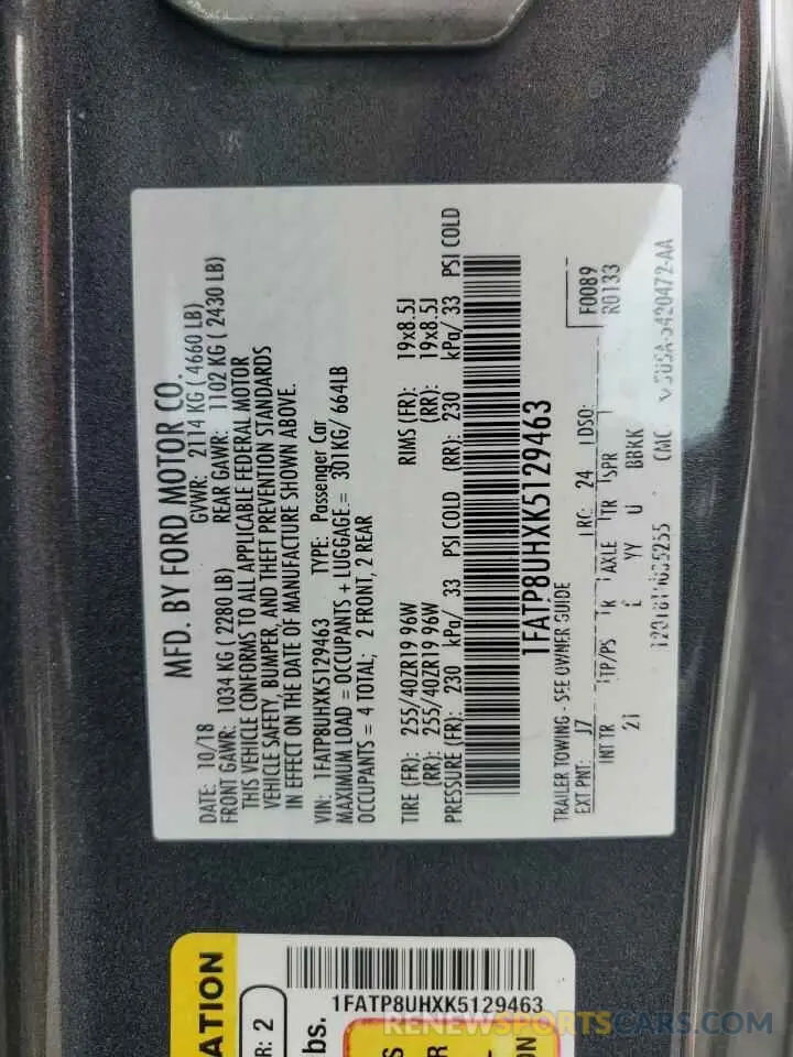 12 fotografías del automóvil dañado 1FATP8UHXK5129463 FORD ALL Models 2019