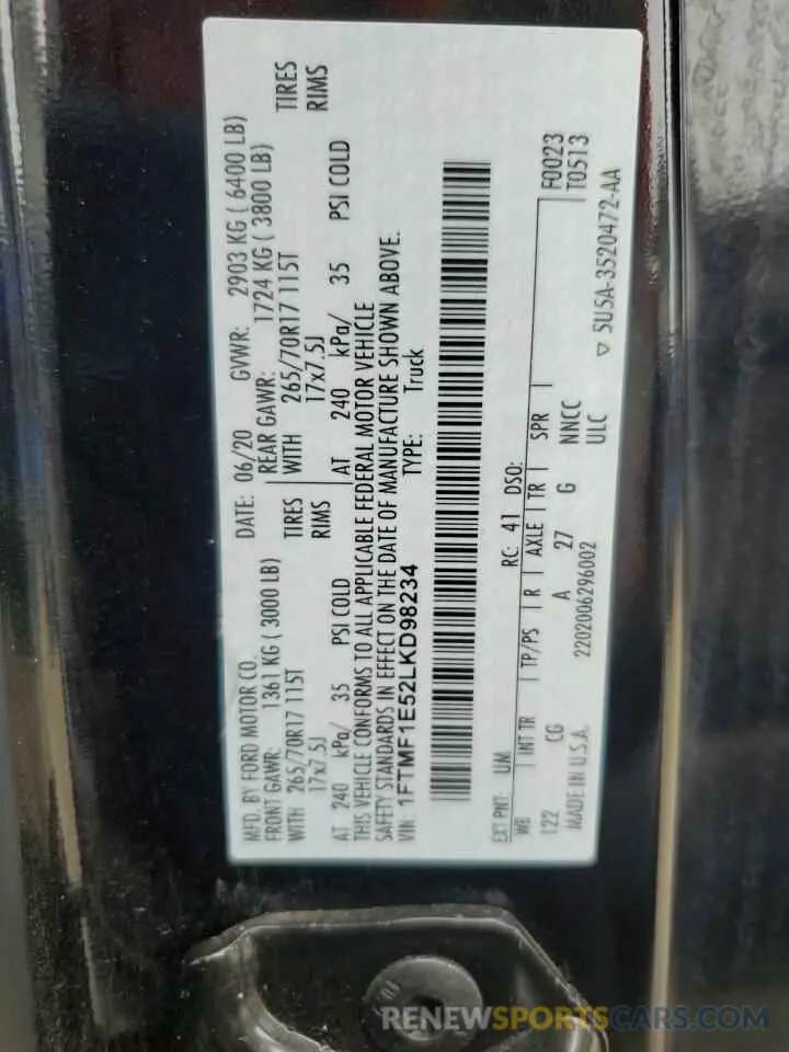 14 fotografías del automóvil dañado 1FTMF1E52LKD98234 FORD All Models 2020
