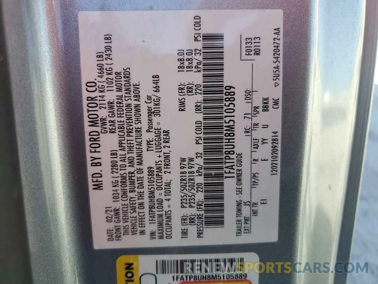 12 fotografías del automóvil dañado 1FATP8UH8M5105889 FORD ALL Models 2021
