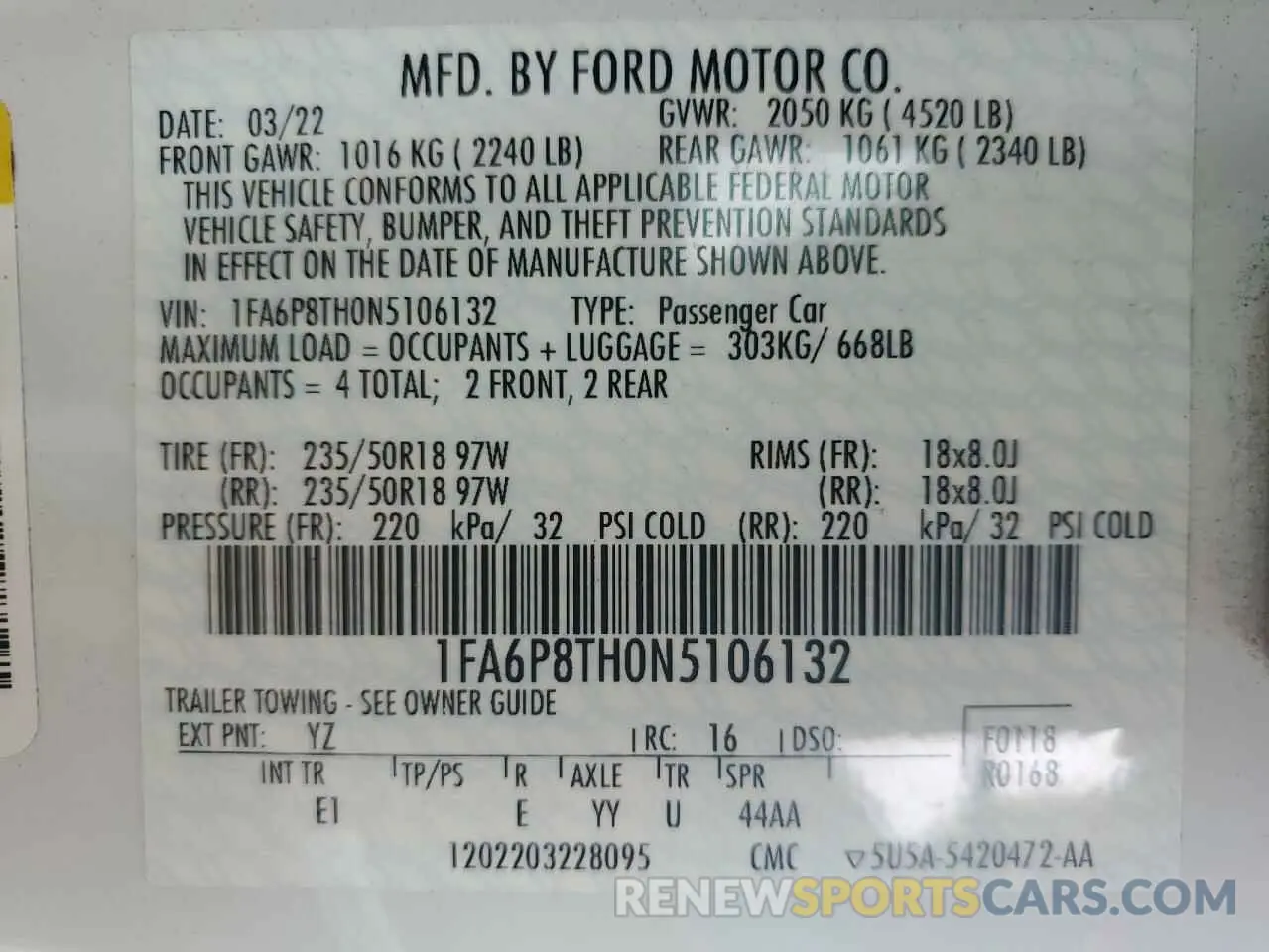 12 fotografías del automóvil dañado 1FA6P8TH0N5106132 FORD ALL Models 2022
