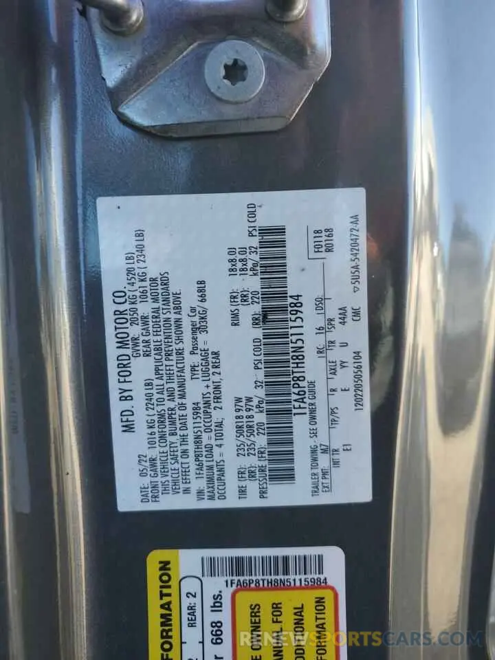 13 fotografías del automóvil dañado 1FA6P8TH8N5115984 FORD ALL Models 2022