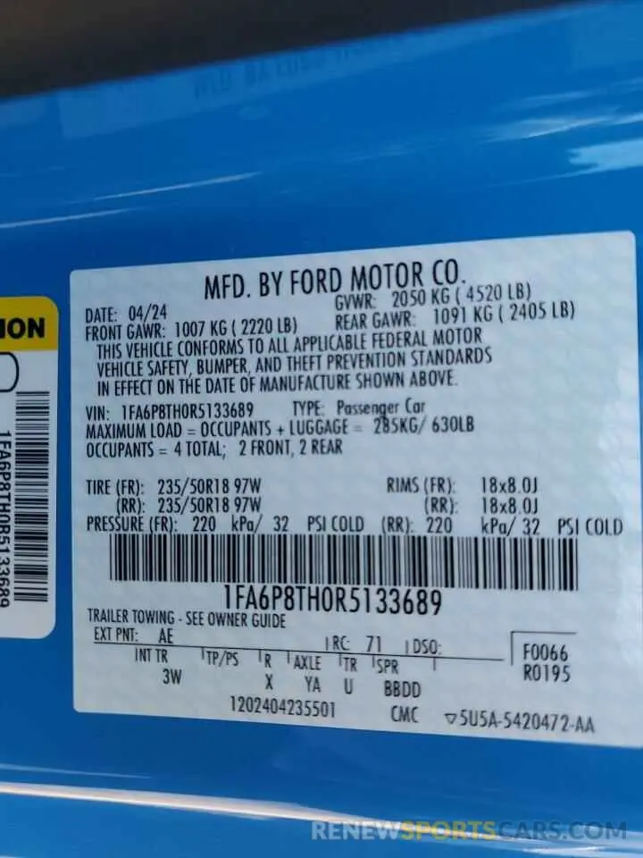 13 fotografías del automóvil dañado 1FA6P8TH0R5133689 FORD ALL Models 2024