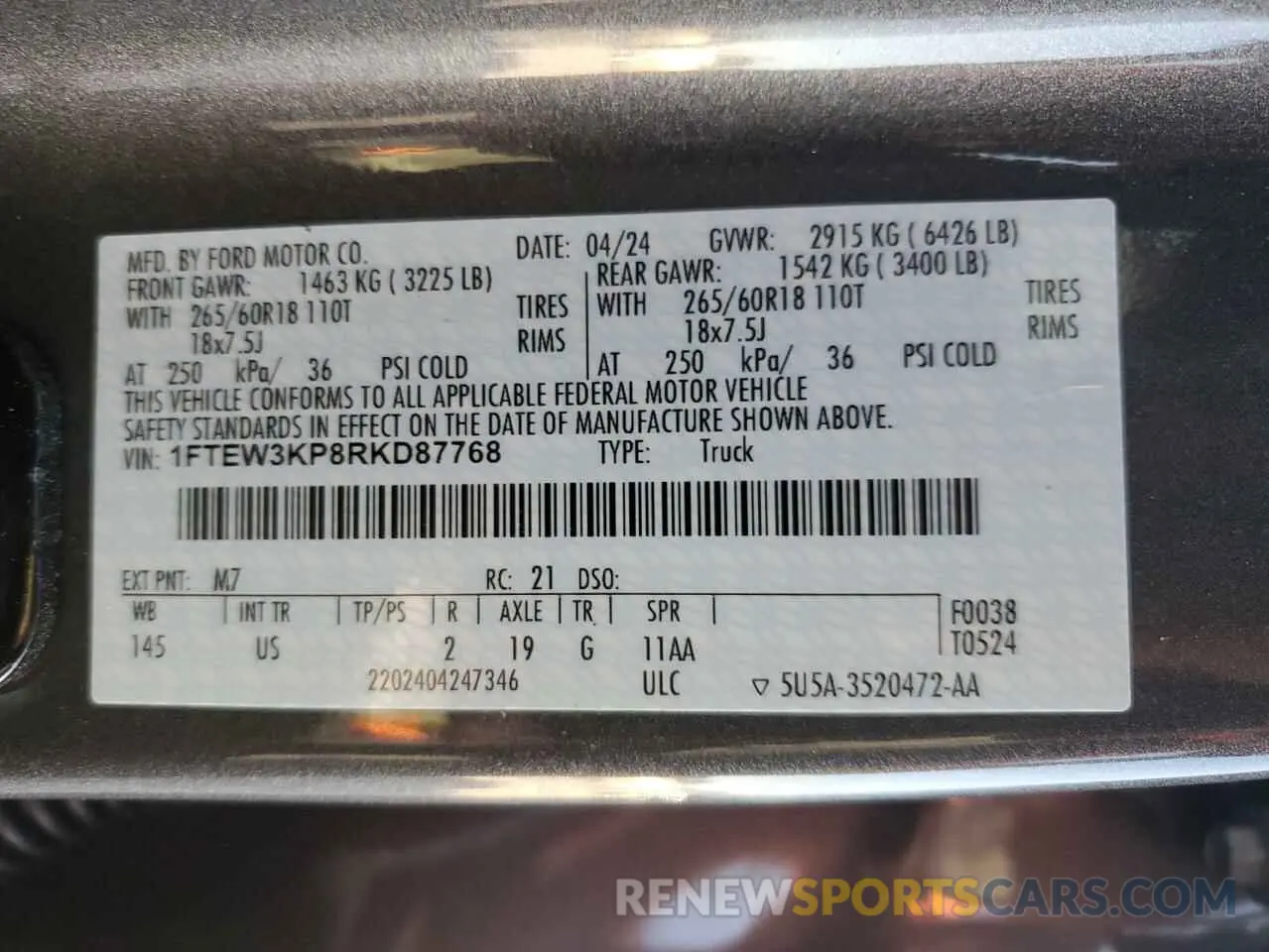 14 fotografías del automóvil dañado 1FTEW3KP8RKD87768 FORD All Models 2024