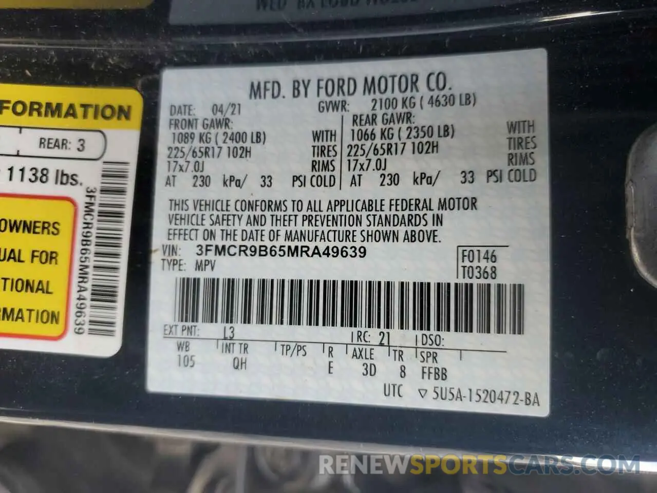 13 fotografías del automóvil dañado 3FMCR9B65MRA49639 FORD BRONCO 2021