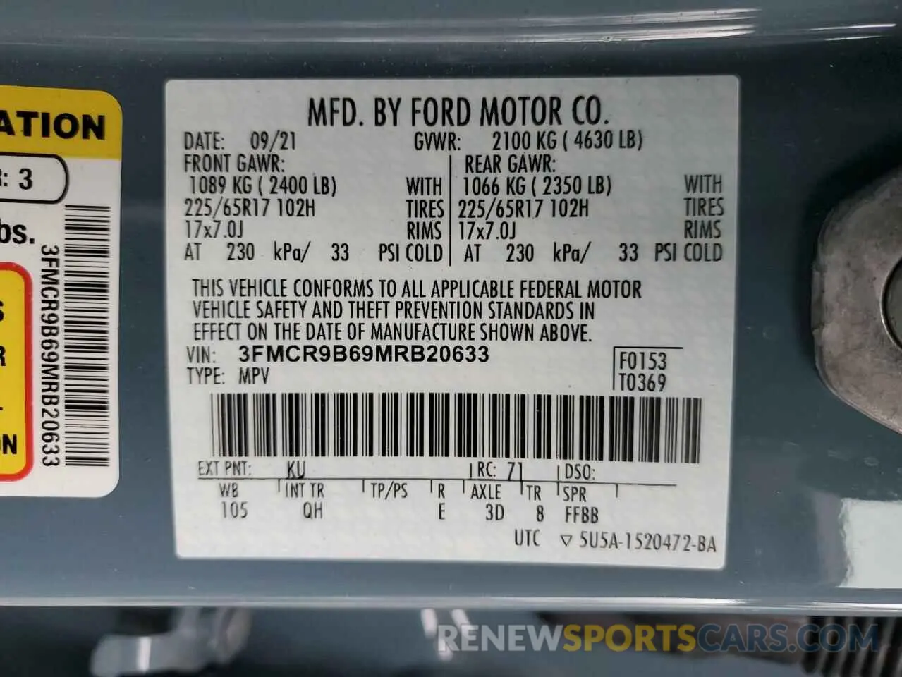 15 fotografías del automóvil dañado 3FMCR9B69MRB20633 FORD BRONCO 2021