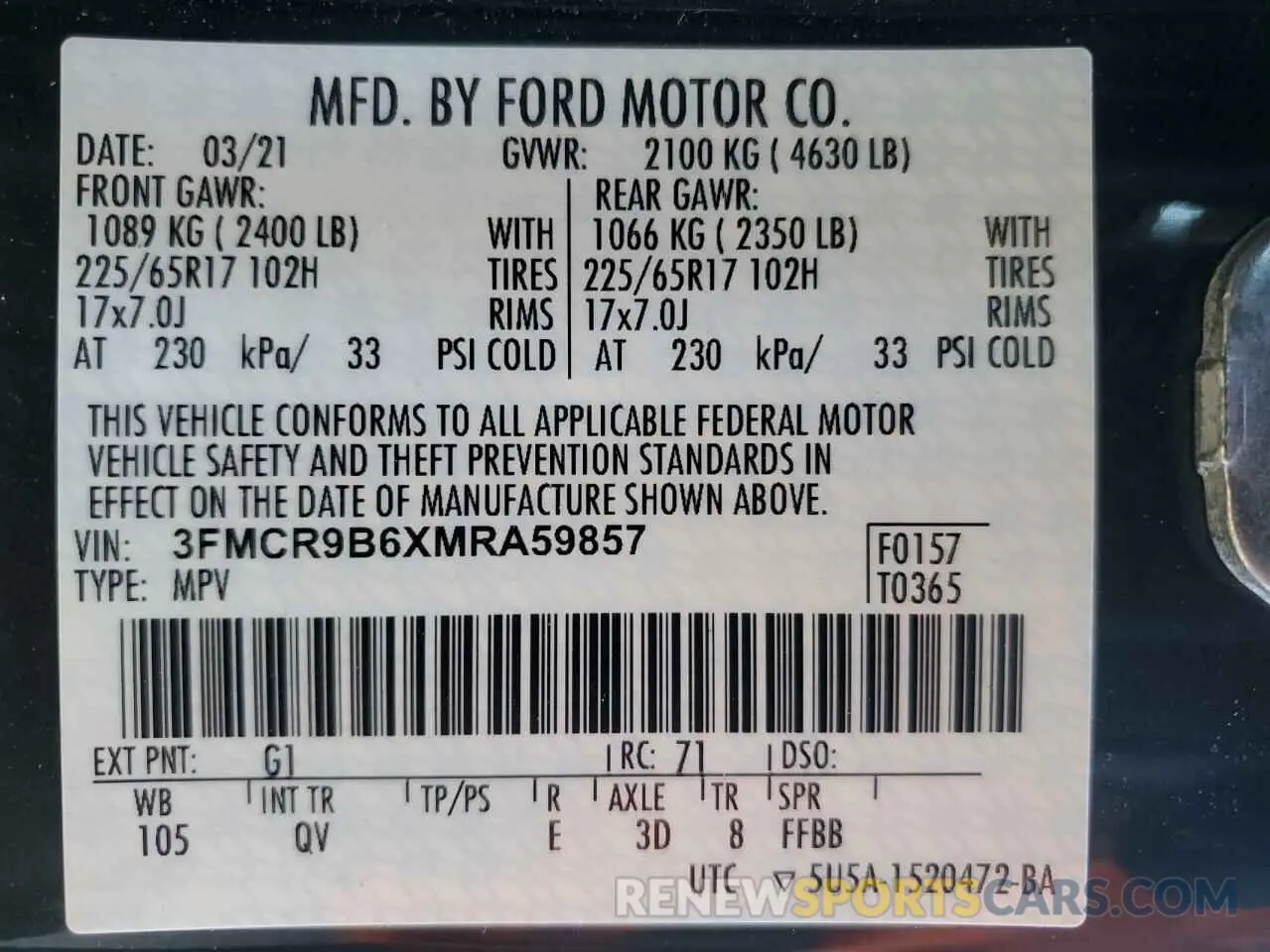 14 fotografías del automóvil dañado 3FMCR9B6XMRA59857 FORD BRONCO 2021