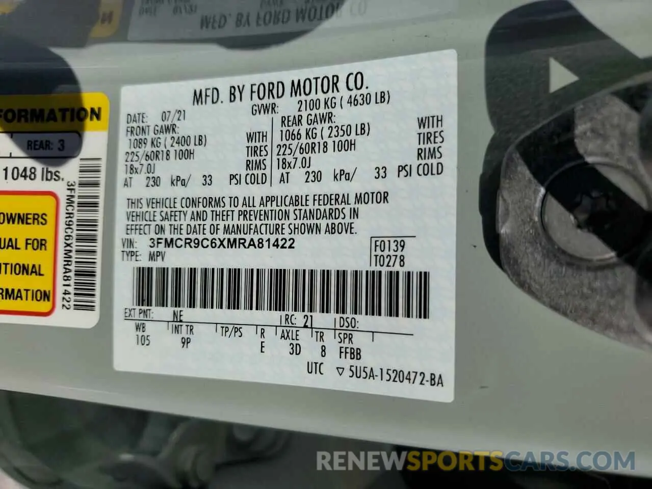 13 fotografías del automóvil dañado 3FMCR9C6XMRA81422 FORD BRONCO 2021