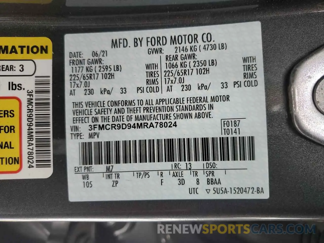 14 fotografías del automóvil dañado 3FMCR9D94MRA78024 FORD BRONCO 2021