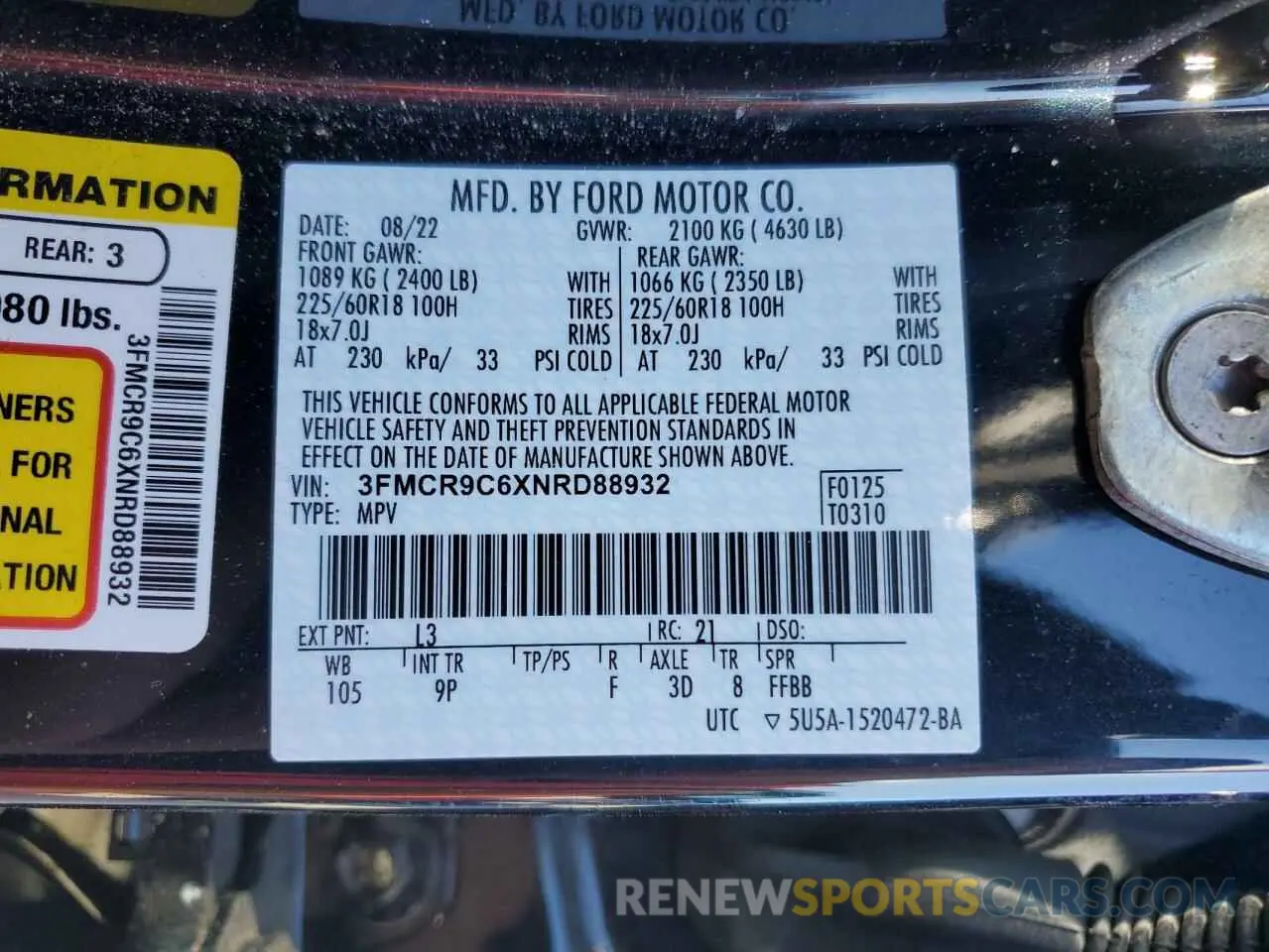 14 fotografías del automóvil dañado 3FMCR9C6XNRD88932 FORD BRONCO 2022