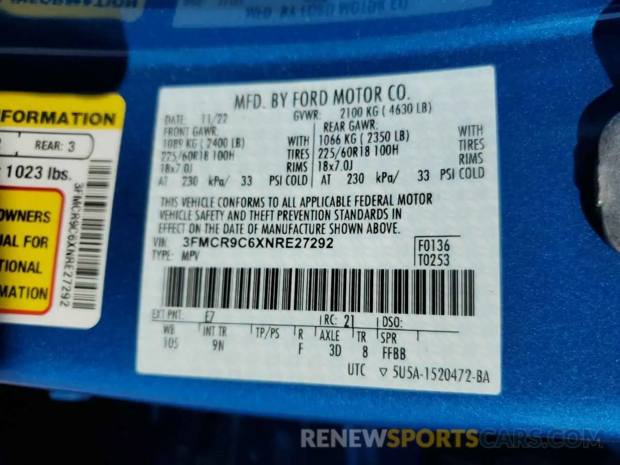 14 fotografías del automóvil dañado 3FMCR9C6XNRE27292 FORD BRONCO 2022