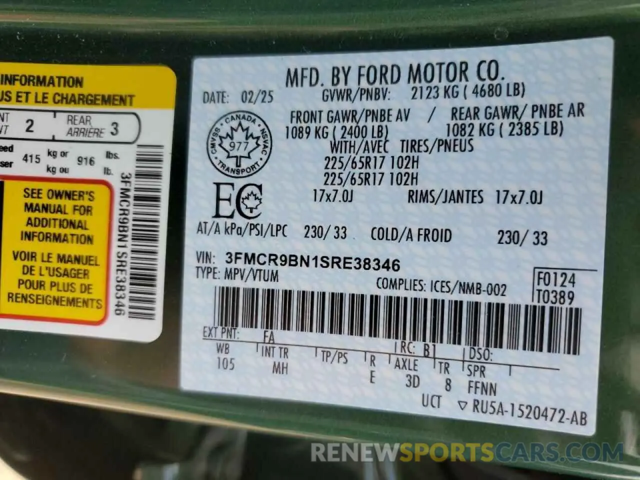 14 fotografías del automóvil dañado 3FMCR9BN1SRE38346 FORD BRONCO 2025