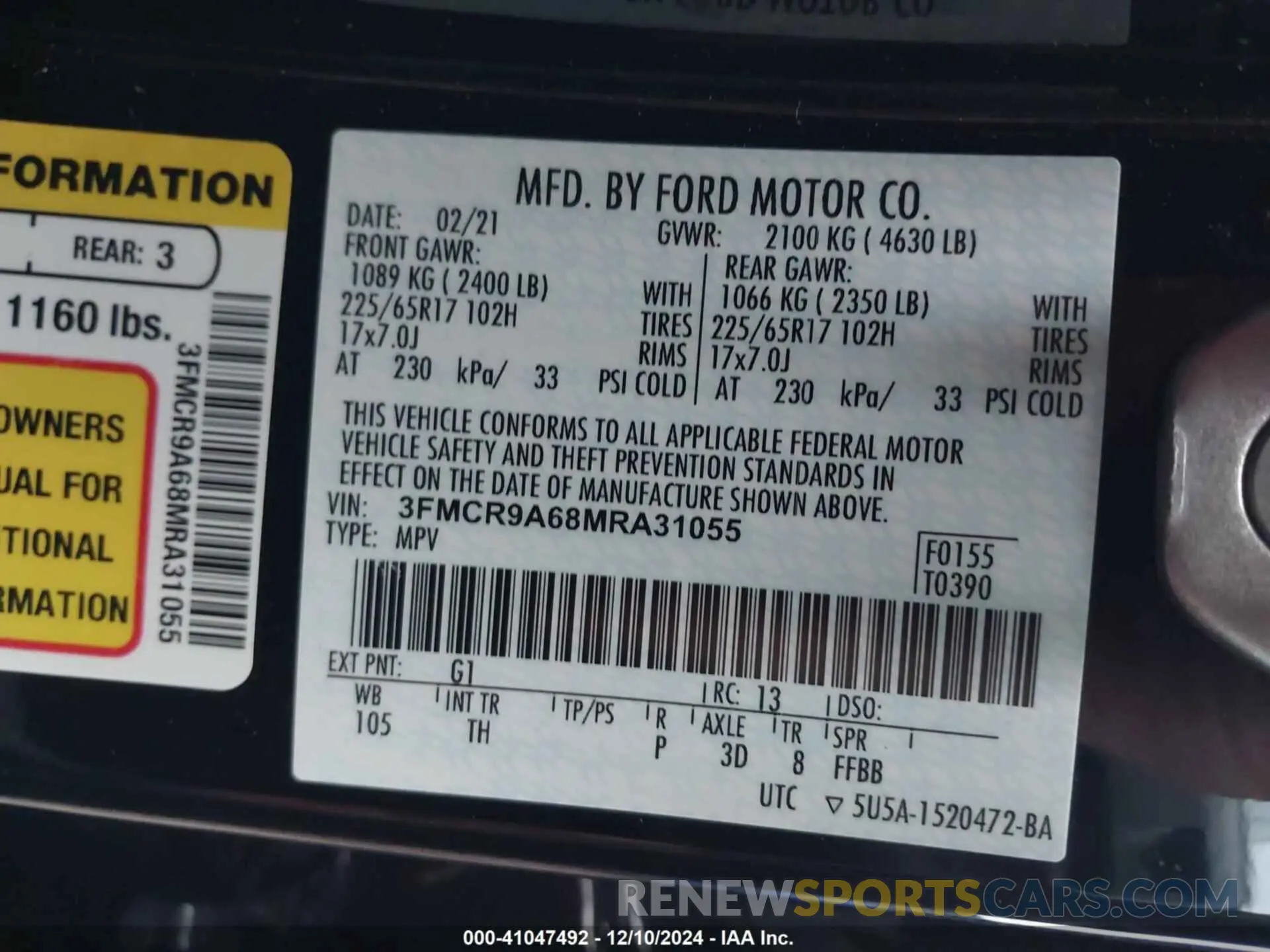 9 fotografías del automóvil dañado 3FMCR9A68MRA31055 FORD BRONCO SPORT 2021