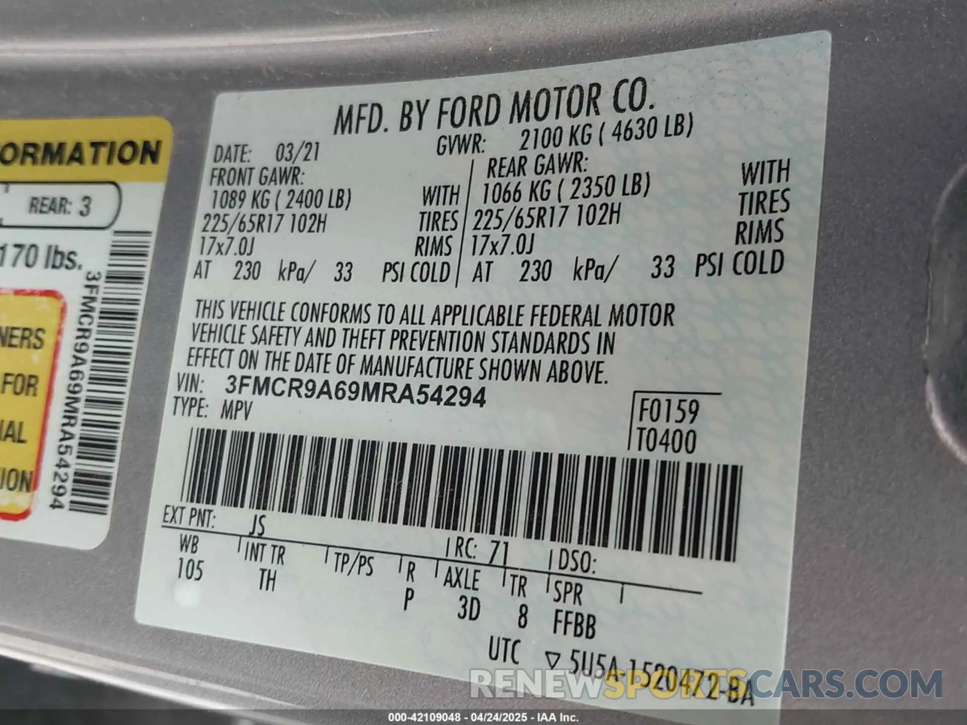 9 fotografías del automóvil dañado 3FMCR9A69MRA54294 FORD BRONCO SPORT 2021