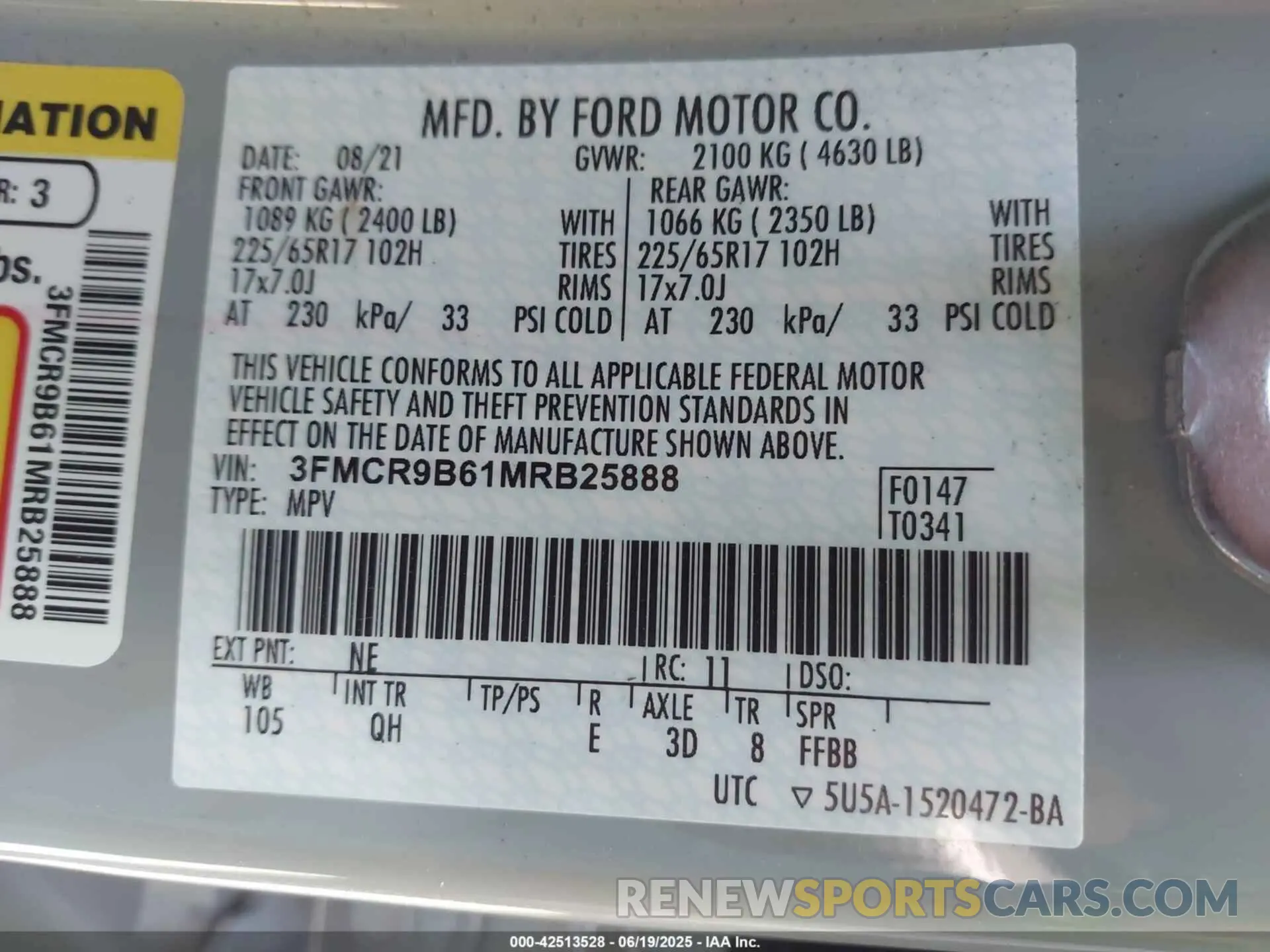 9 fotografías del automóvil dañado 3FMCR9B61MRB25888 FORD BRONCO SPORT 2021