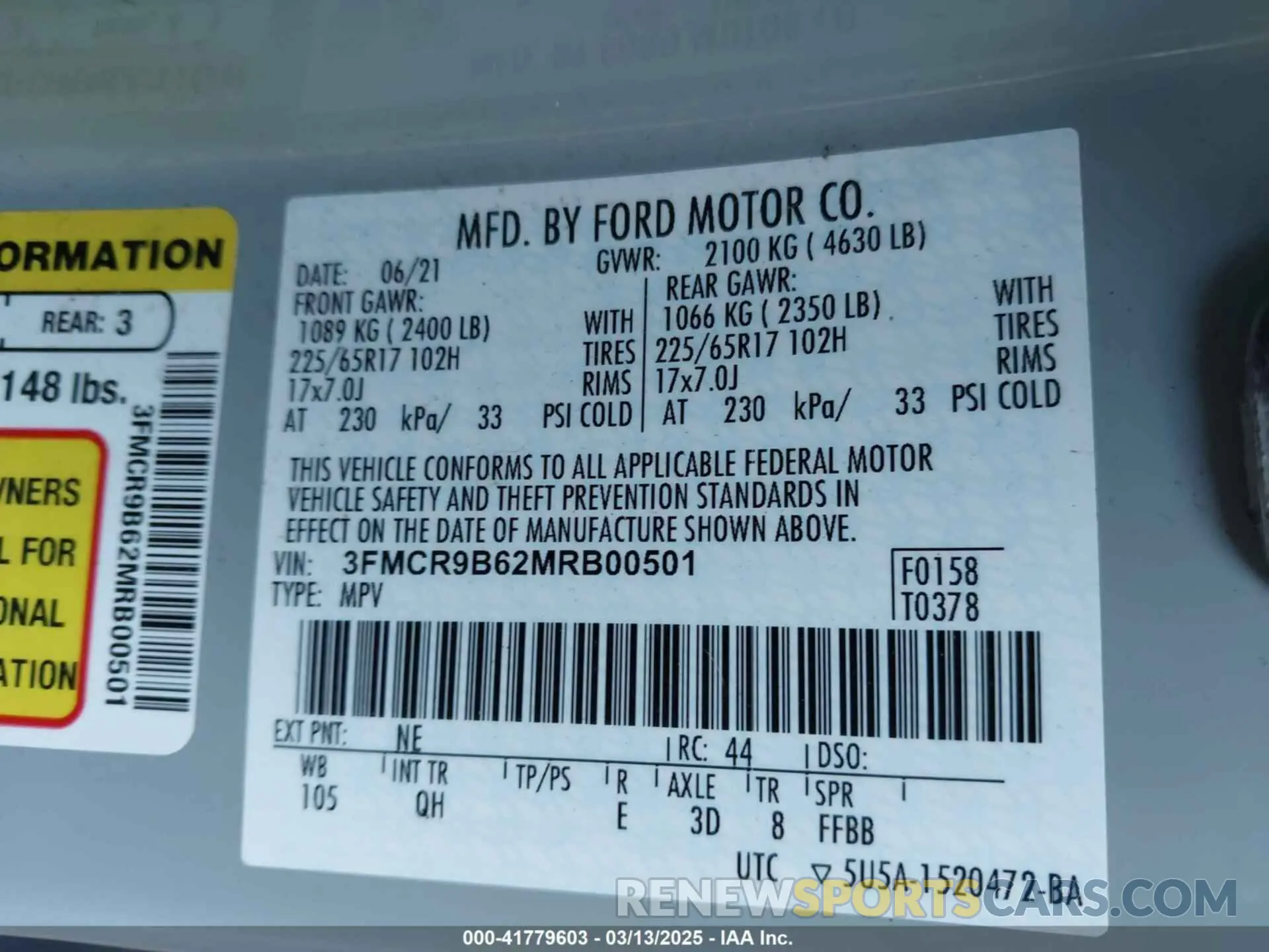 9 fotografías del automóvil dañado 3FMCR9B62MRB00501 FORD BRONCO SPORT 2021