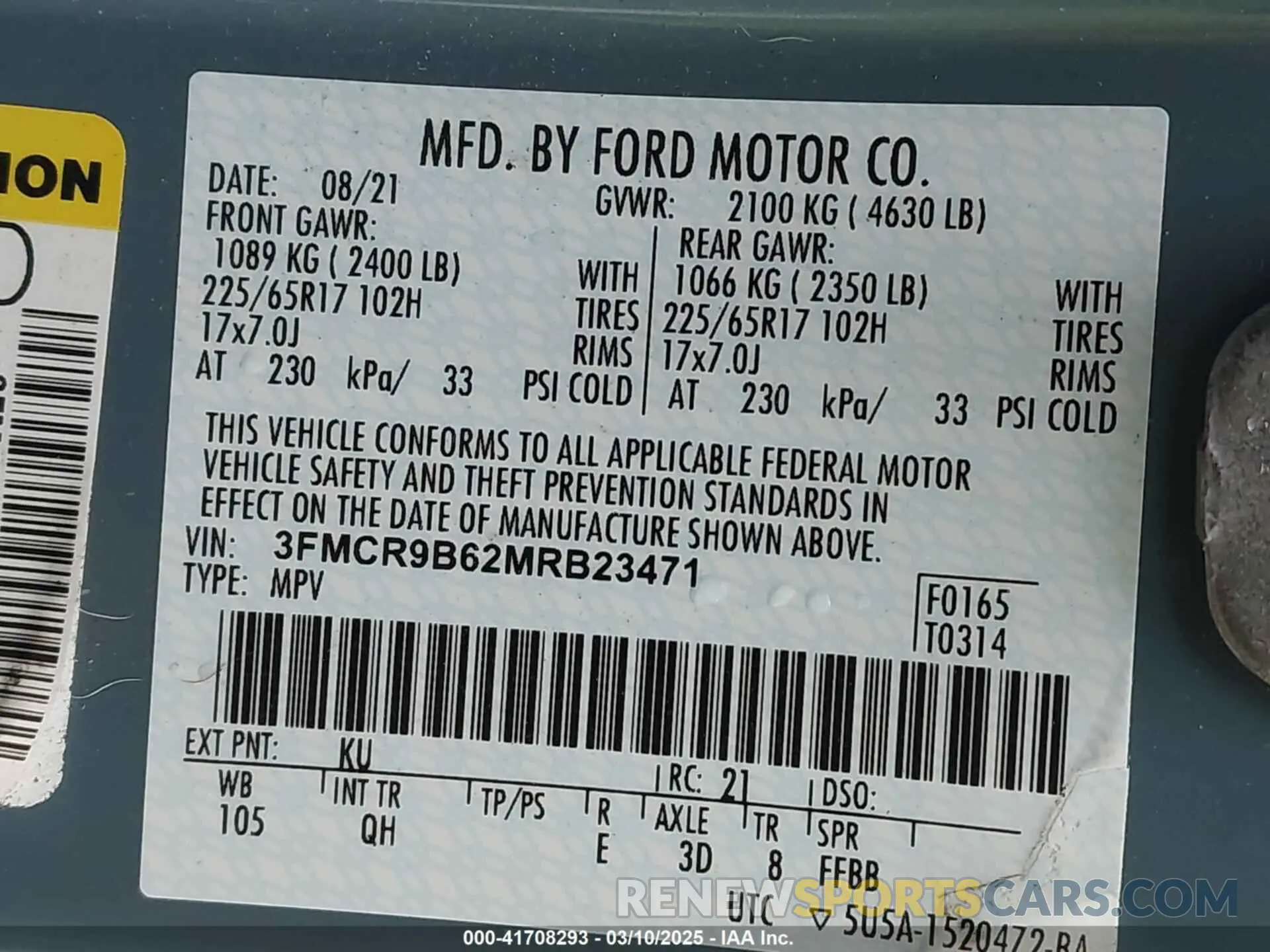 9 fotografías del automóvil dañado 3FMCR9B62MRB23471 FORD BRONCO SPORT 2021