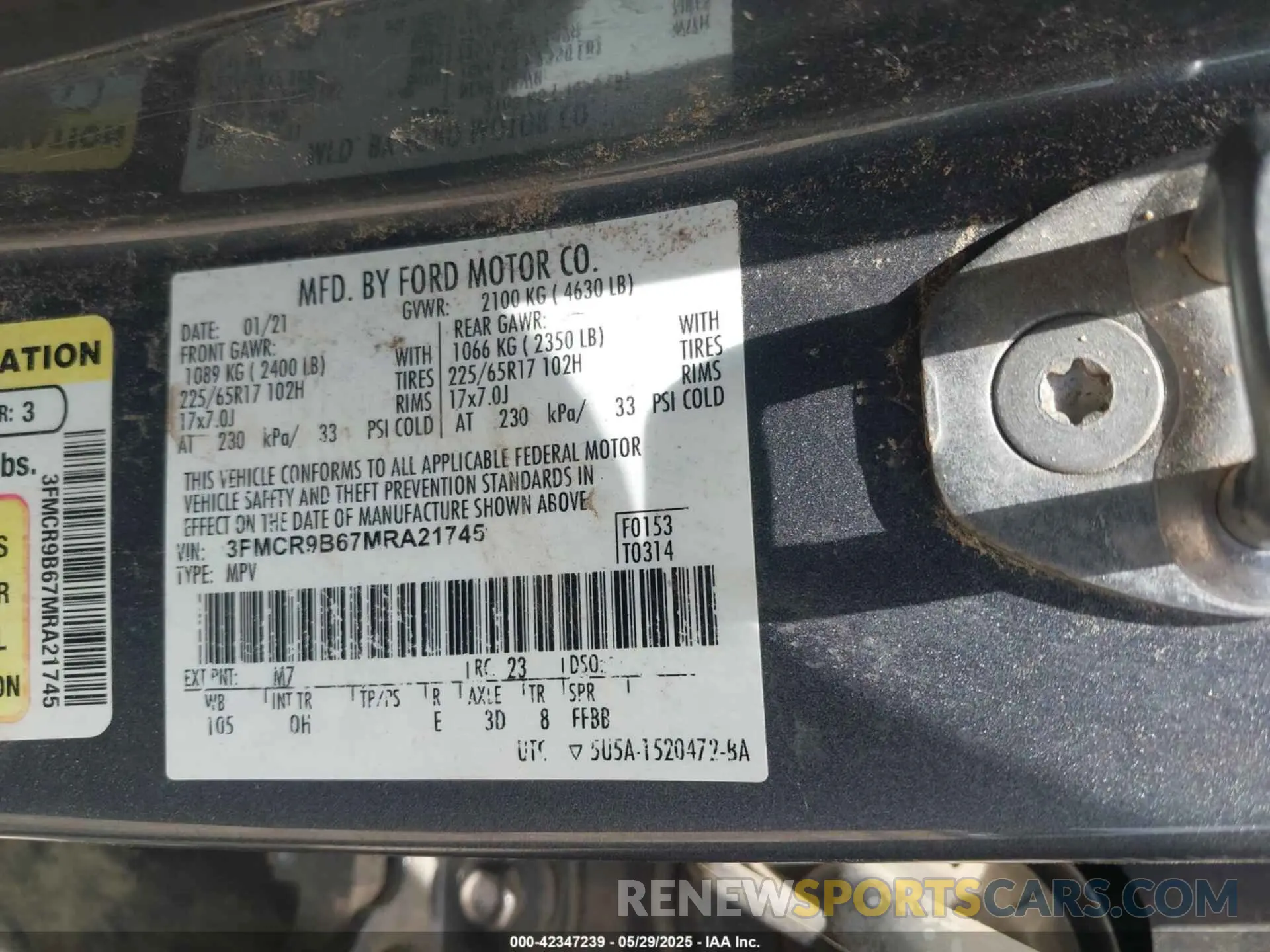 9 fotografías del automóvil dañado 3FMCR9B67MRA21745 FORD BRONCO SPORT 2021