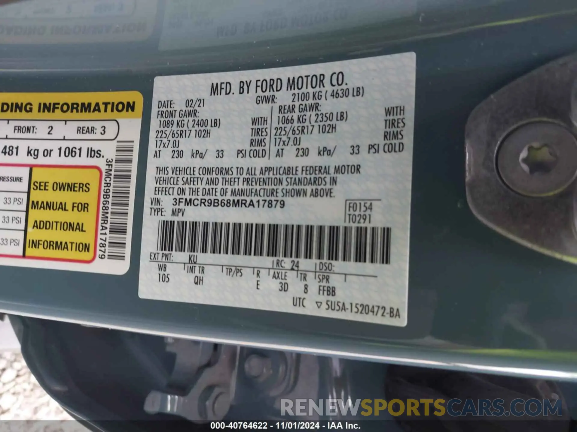 9 fotografías del automóvil dañado 3FMCR9B68MRA17879 FORD BRONCO SPORT 2021