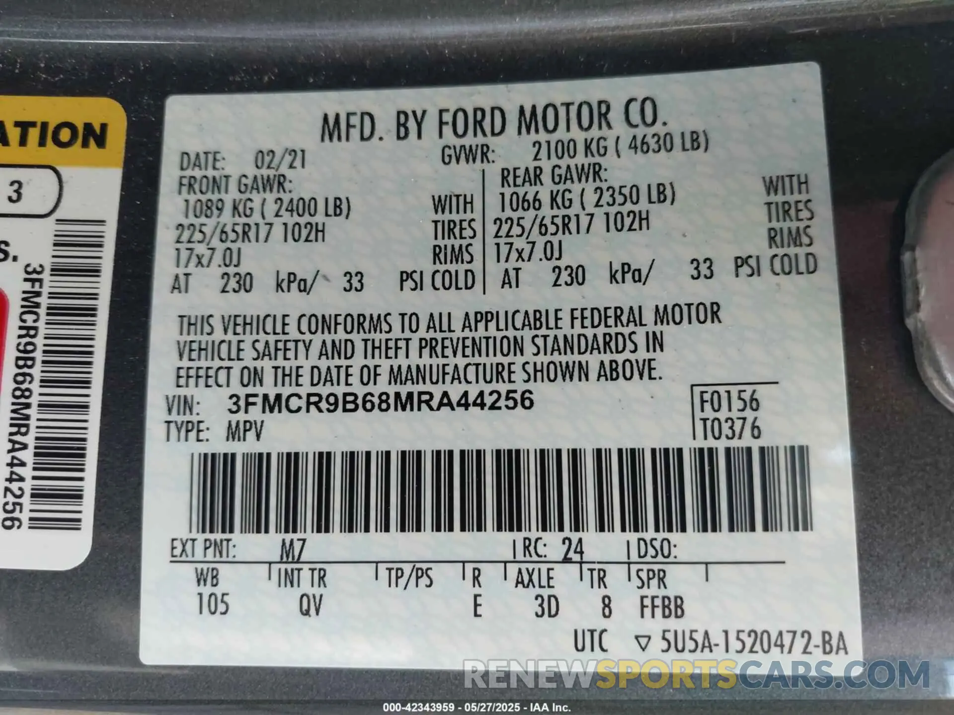 9 fotografías del automóvil dañado 3FMCR9B68MRA44256 FORD BRONCO SPORT 2021