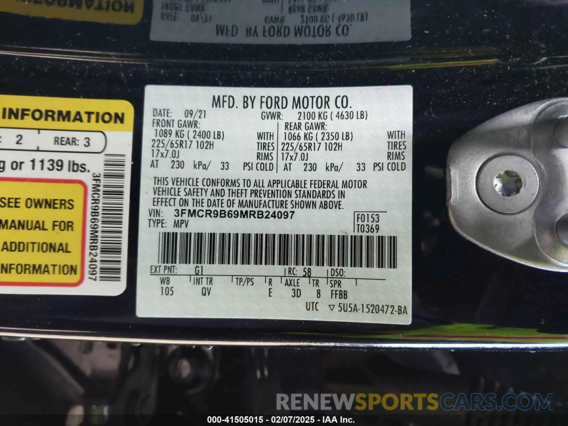 9 fotografías del automóvil dañado 3FMCR9B69MRB24097 FORD BRONCO SPORT 2021