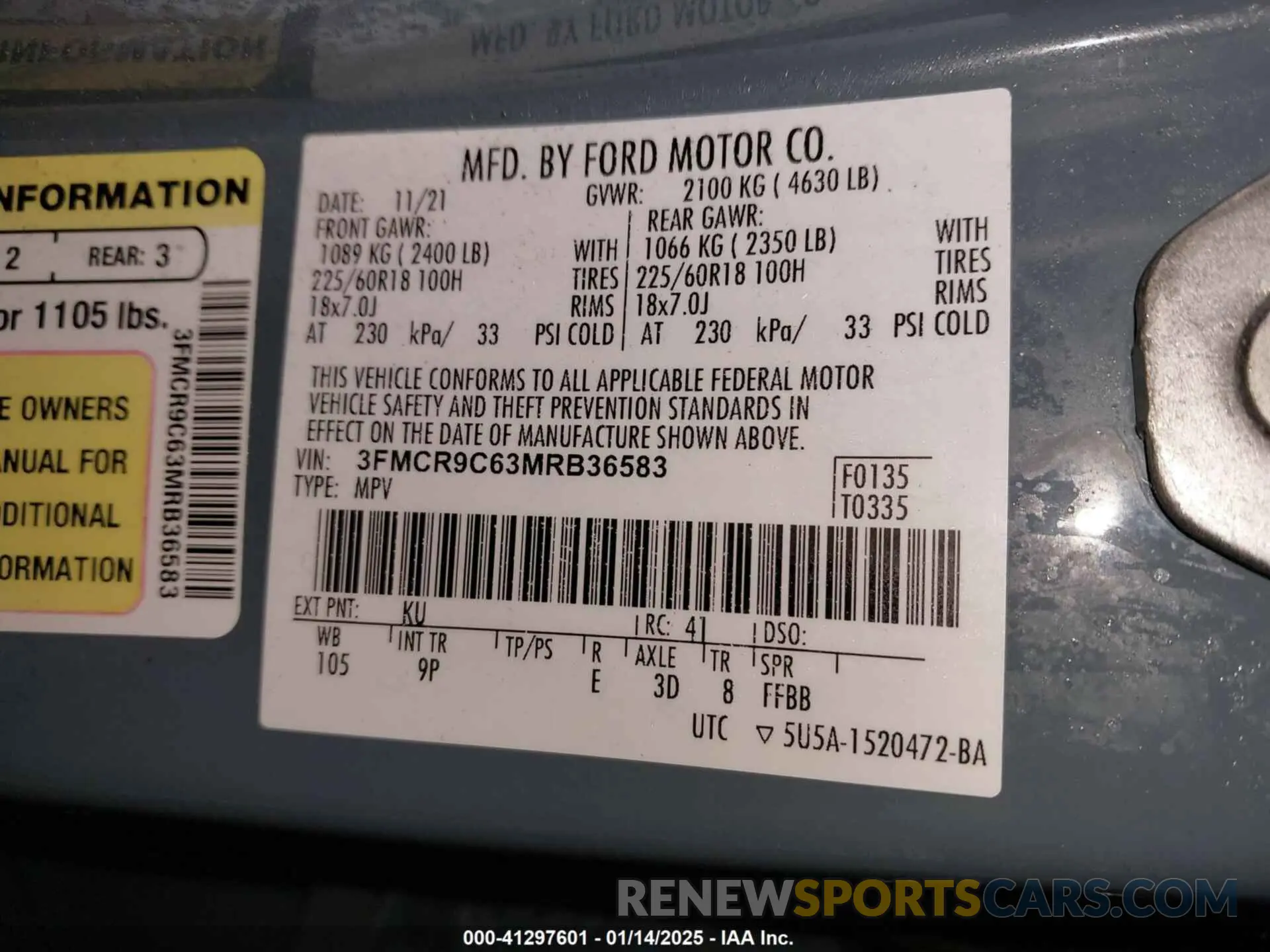 9 fotografías del automóvil dañado 3FMCR9C63MRB36583 FORD BRONCO SPORT 2021