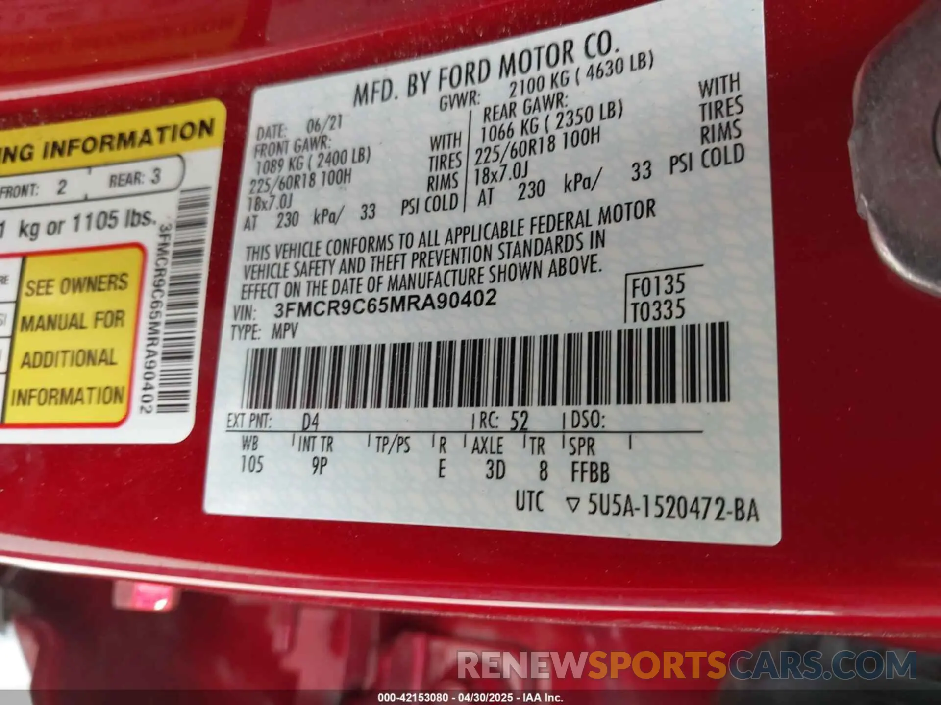 9 fotografías del automóvil dañado 3FMCR9C65MRA90402 FORD BRONCO SPORT 2021