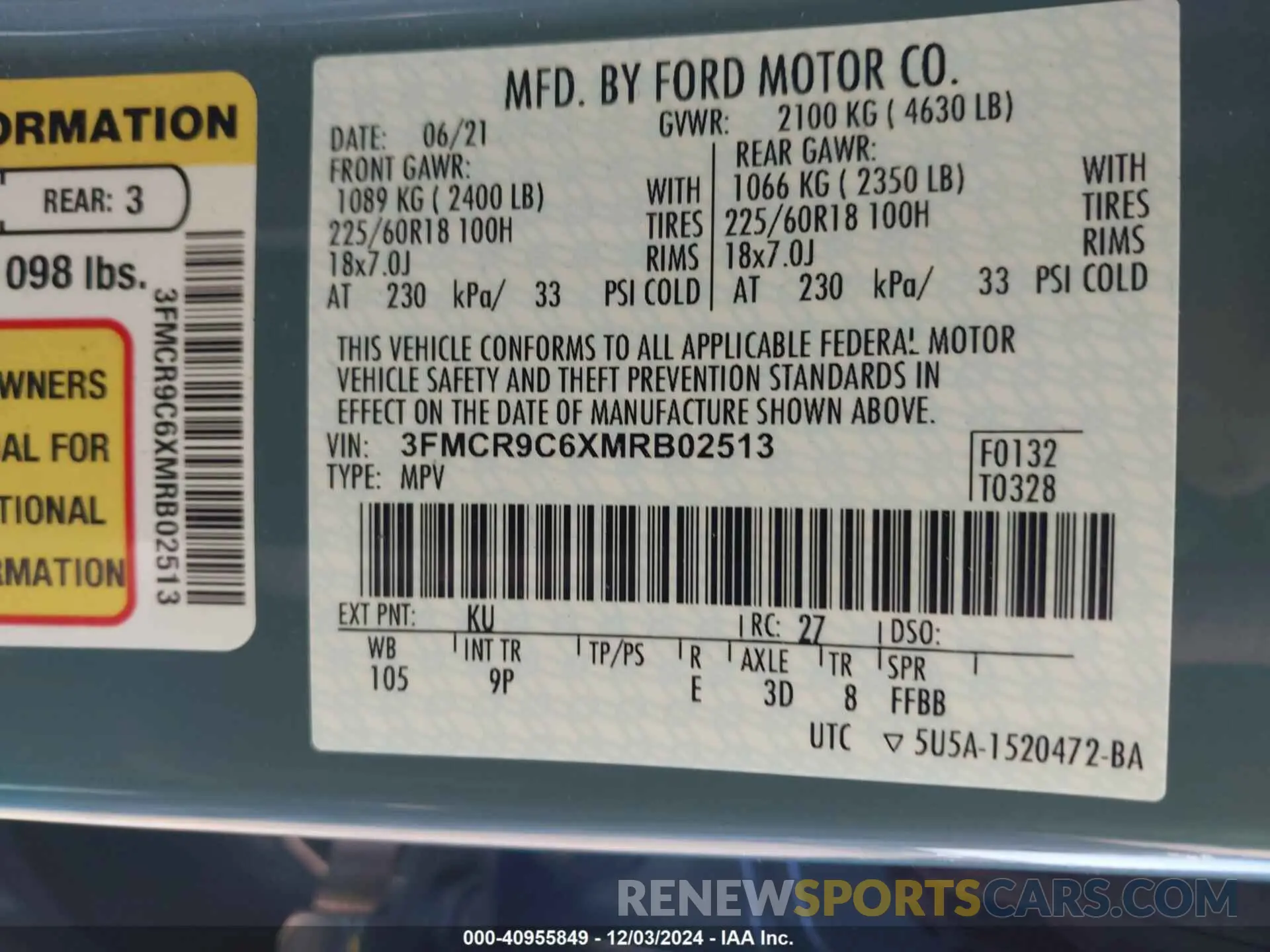 9 fotografías del automóvil dañado 3FMCR9C6XMRB02513 FORD BRONCO SPORT 2021
