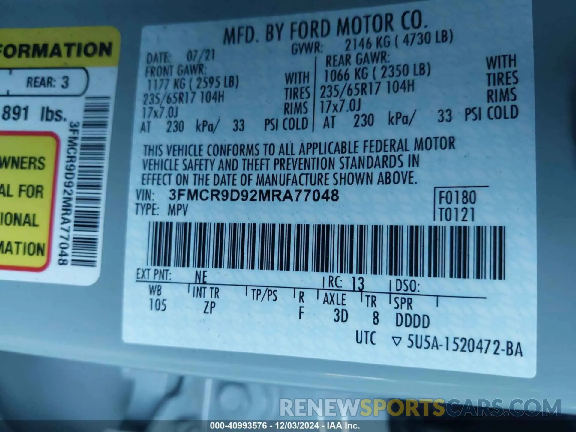 9 fotografías del automóvil dañado 3FMCR9D92MRA77048 FORD BRONCO SPORT 2021