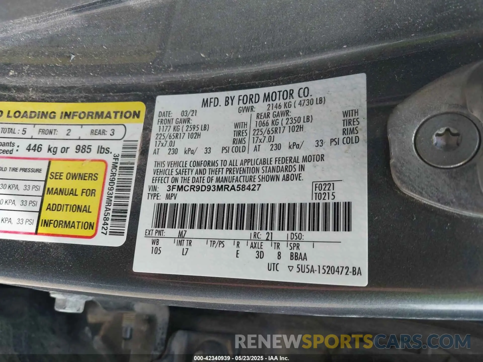 9 fotografías del automóvil dañado 3FMCR9D93MRA58427 FORD BRONCO SPORT 2021