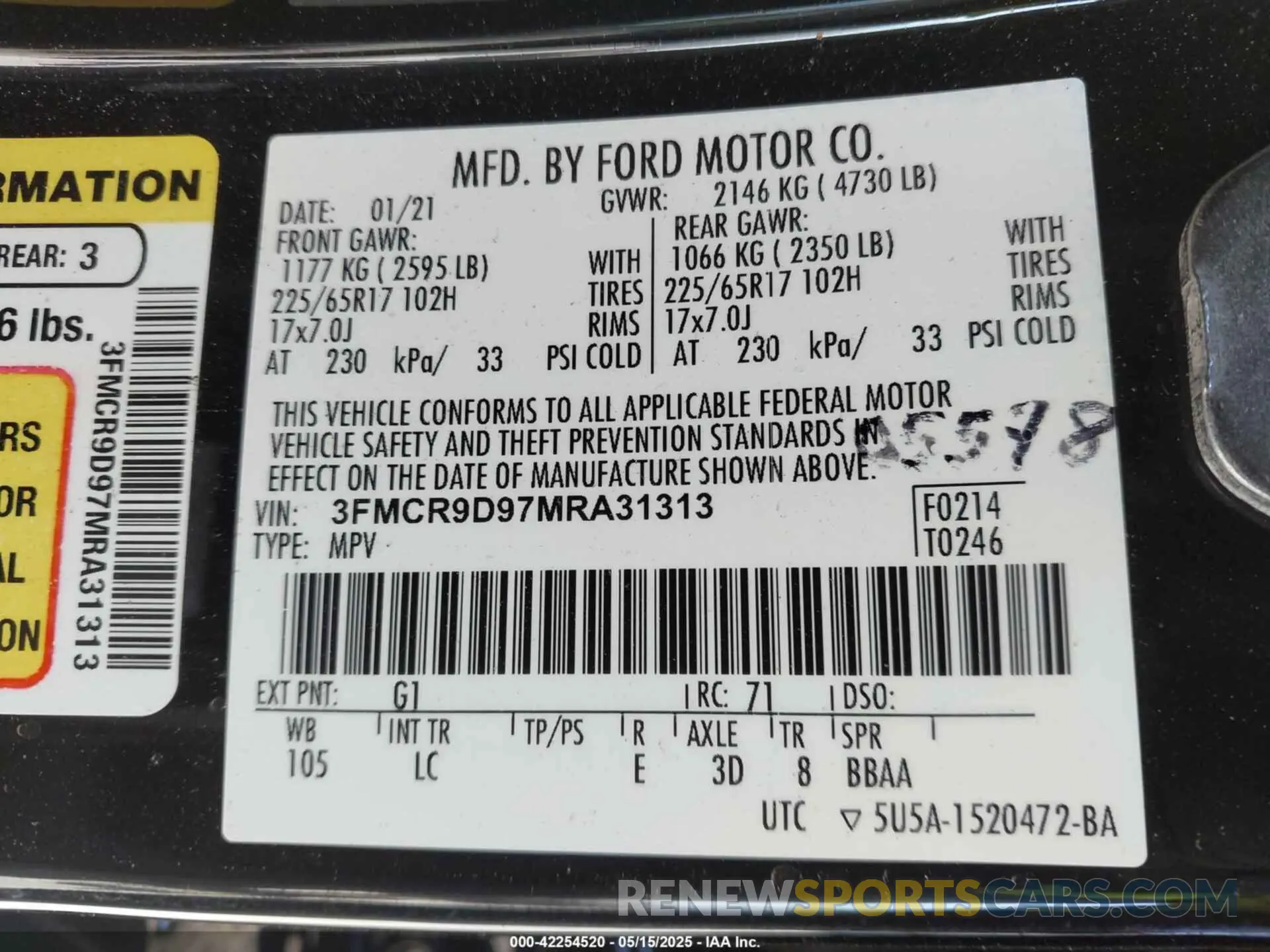 9 fotografías del automóvil dañado 3FMCR9D97MRA31313 FORD BRONCO SPORT 2021