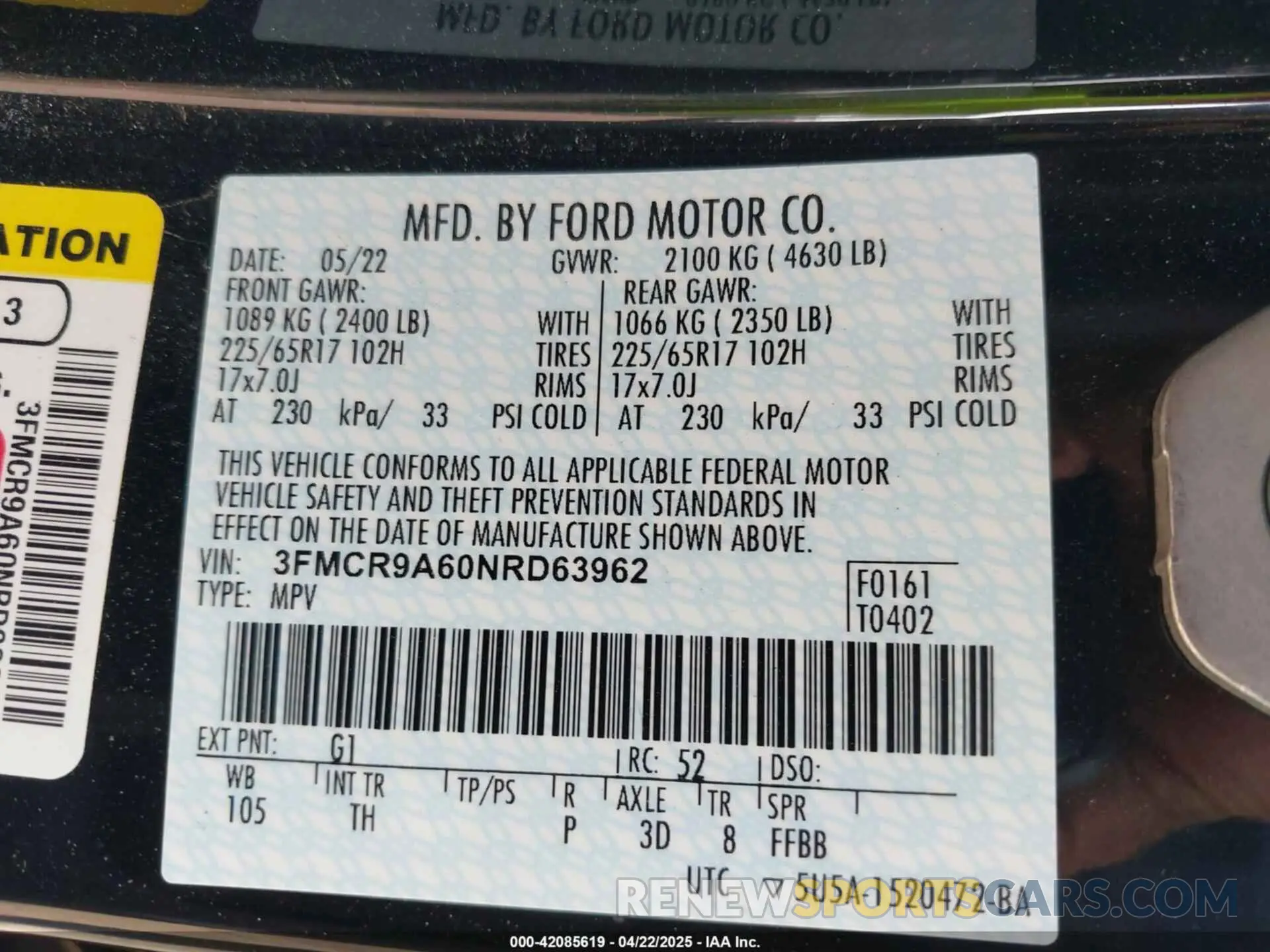 9 fotografías del automóvil dañado 3FMCR9A60NRD63962 FORD BRONCO SPORT 2022