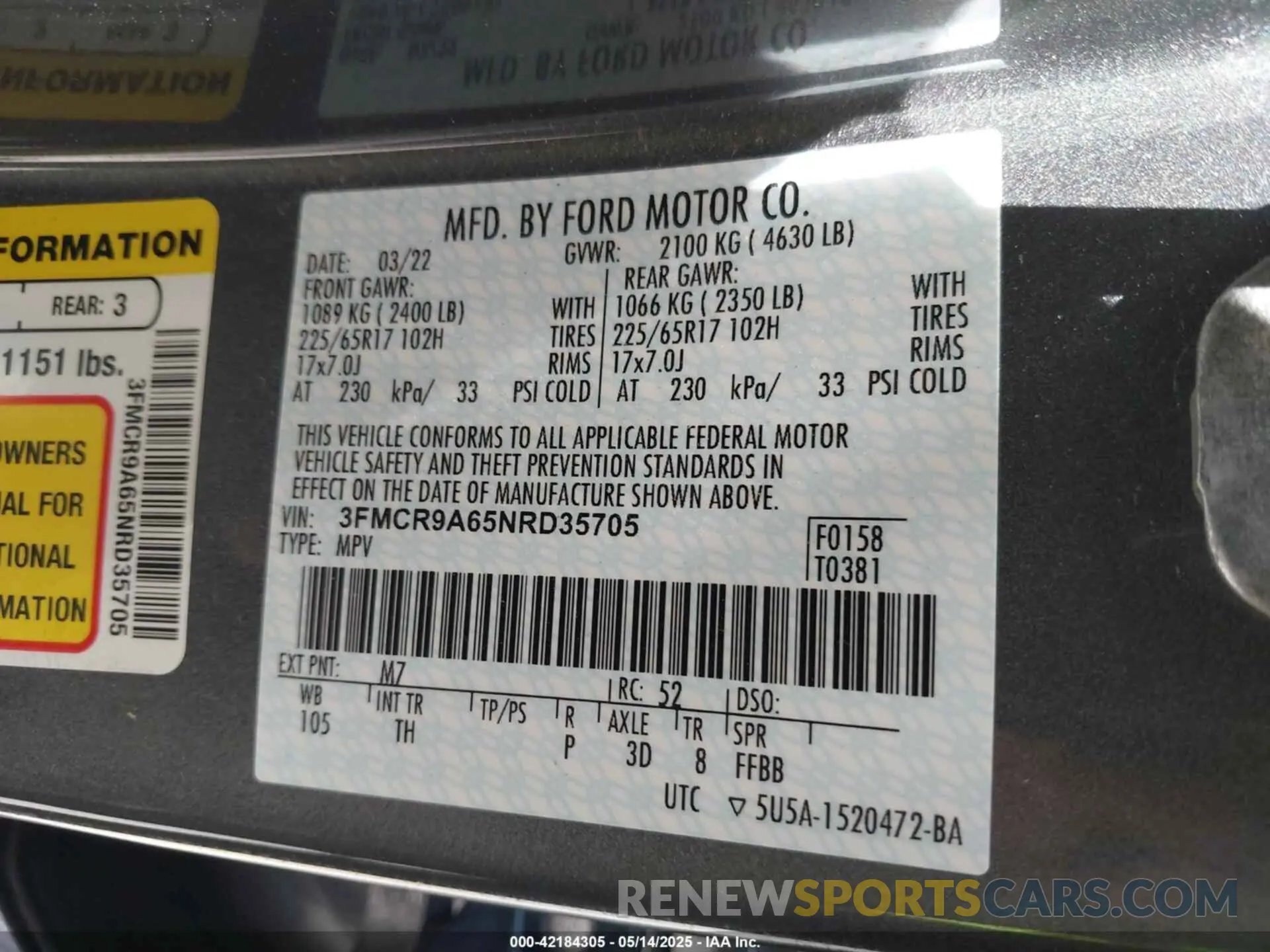 9 fotografías del automóvil dañado 3FMCR9A65NRD35705 FORD BRONCO SPORT 2022