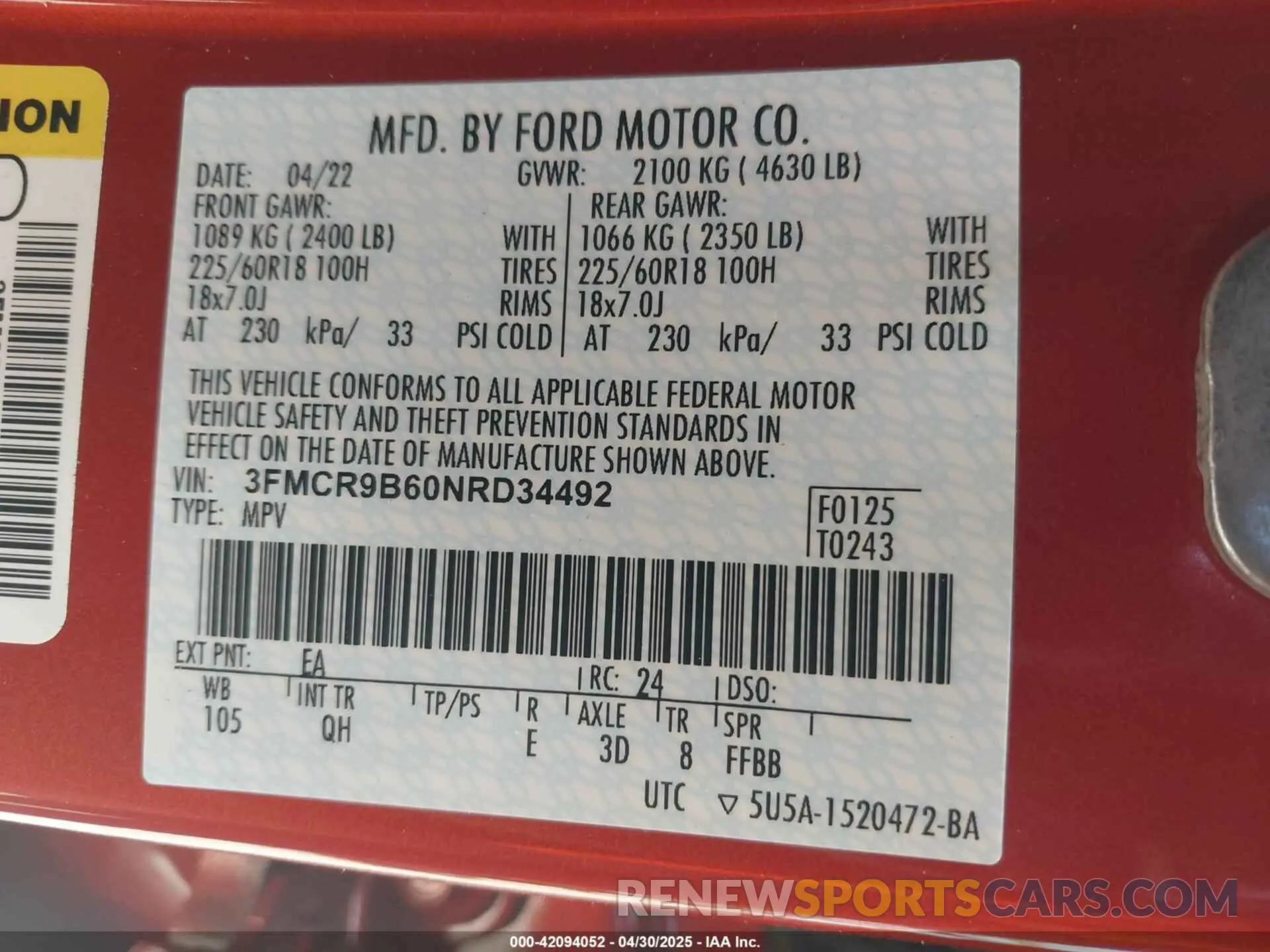9 fotografías del automóvil dañado 3FMCR9B60NRD34492 FORD BRONCO SPORT 2022