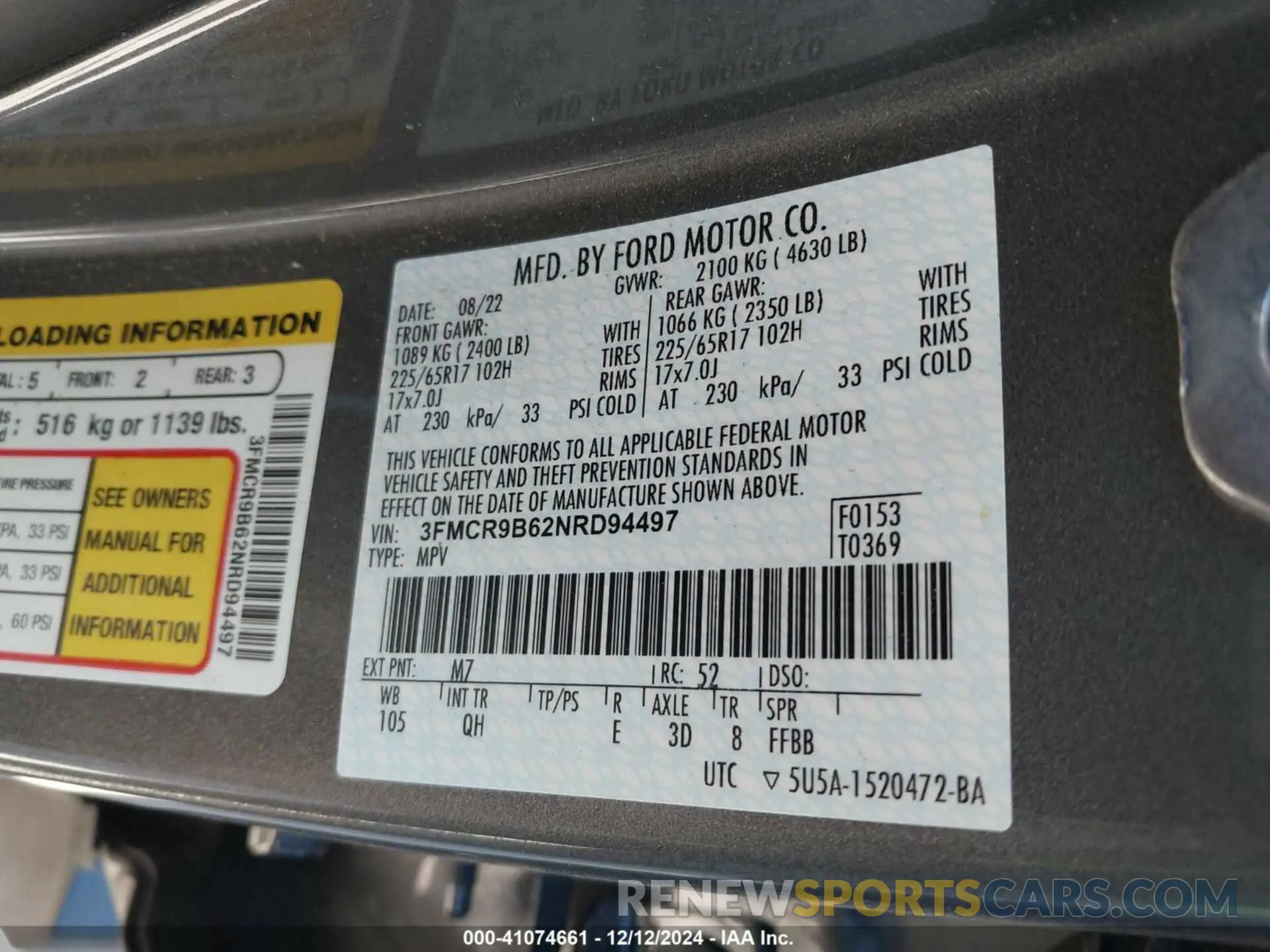 9 fotografías del automóvil dañado 3FMCR9B62NRD94497 FORD BRONCO SPORT 2022