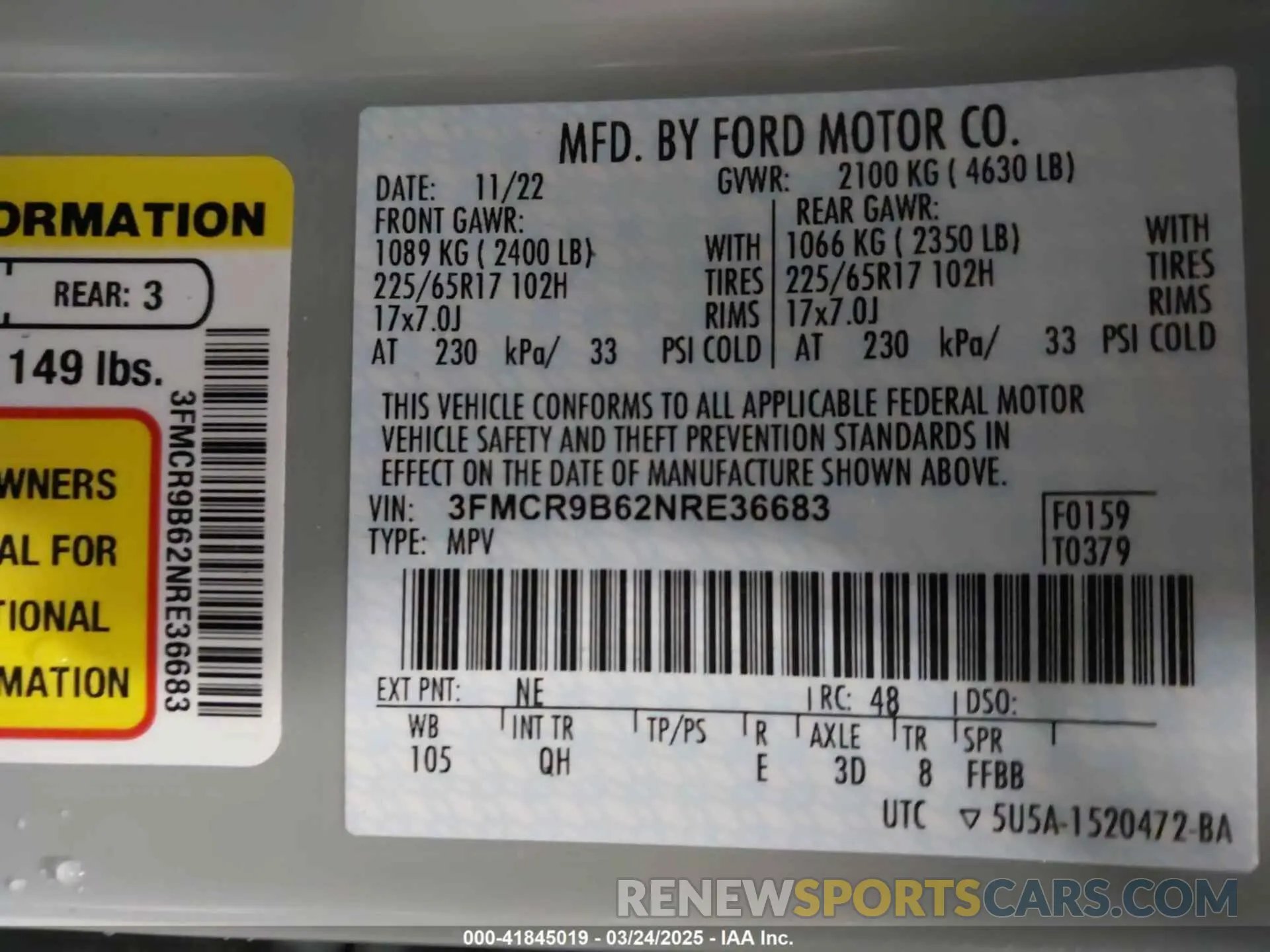 9 fotografías del automóvil dañado 3FMCR9B62NRE36683 FORD BRONCO SPORT 2022