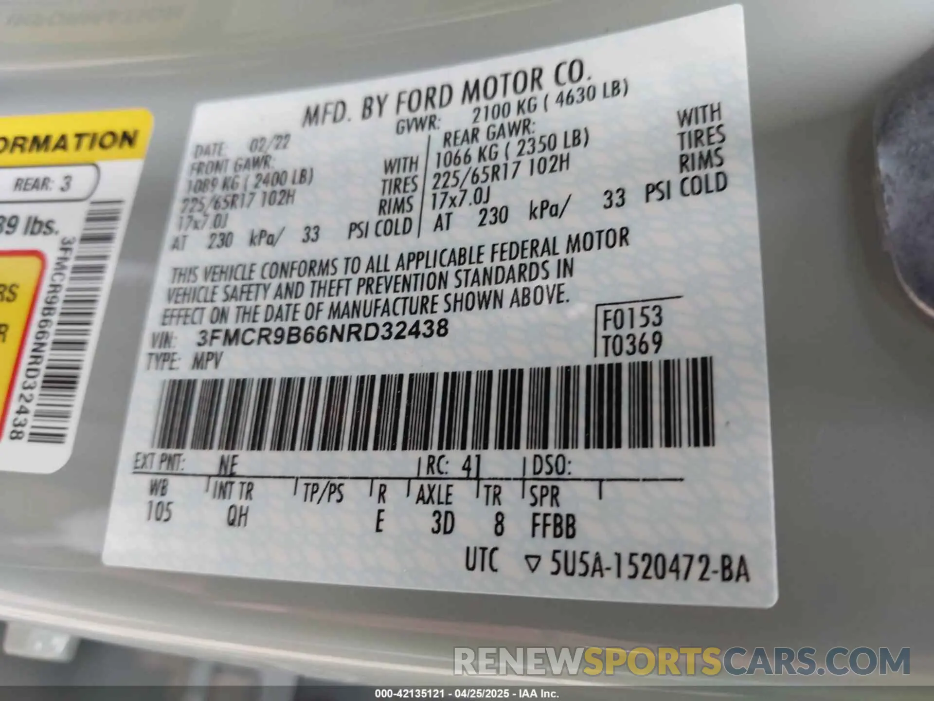 9 fotografías del automóvil dañado 3FMCR9B66NRD32438 FORD BRONCO SPORT 2022