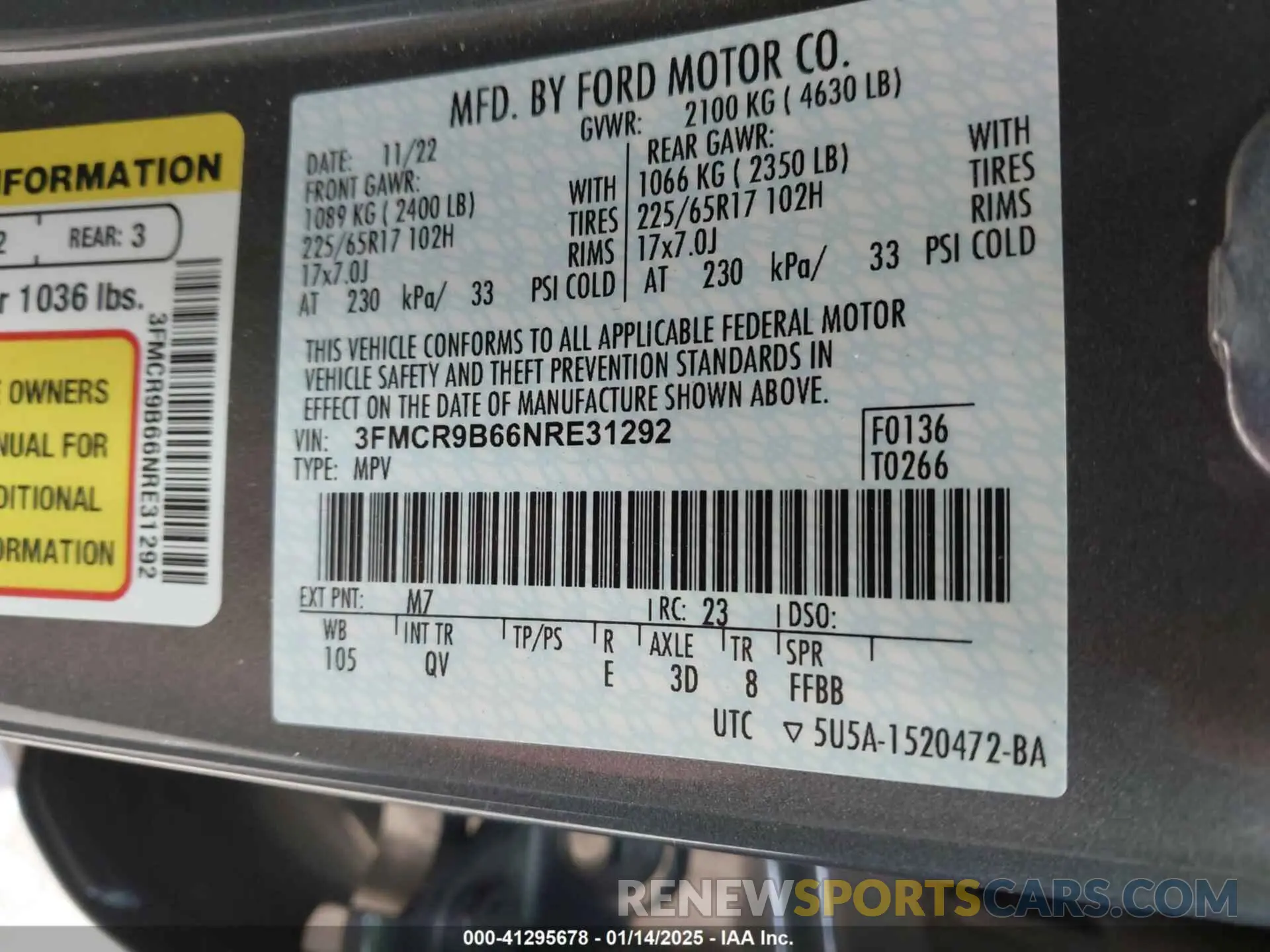 9 fotografías del automóvil dañado 3FMCR9B66NRE31292 FORD BRONCO SPORT 2022