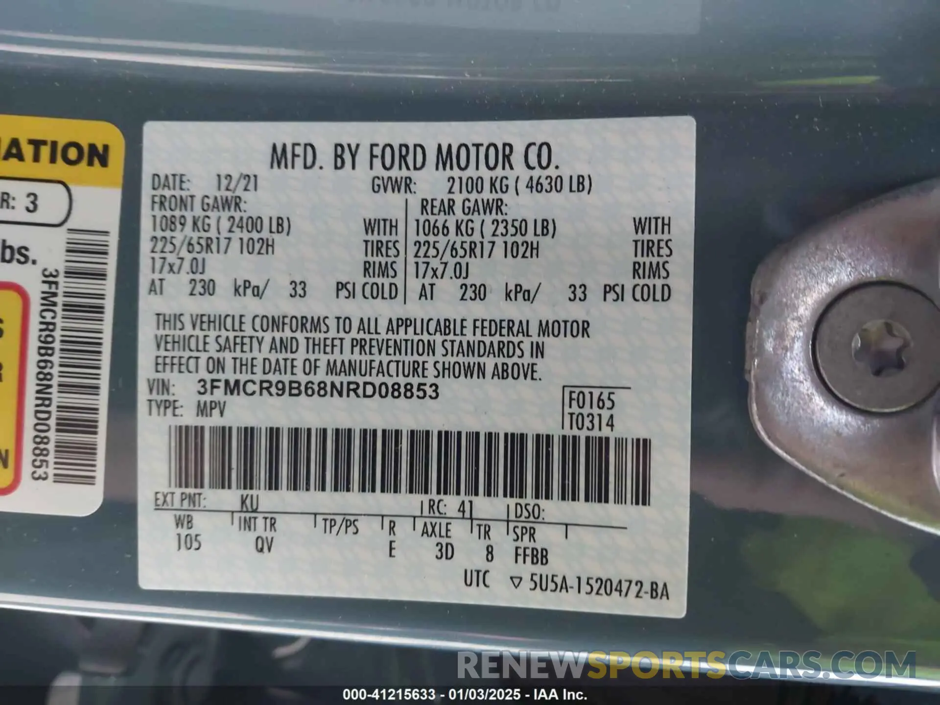 9 fotografías del automóvil dañado 3FMCR9B68NRD08853 FORD BRONCO SPORT 2022