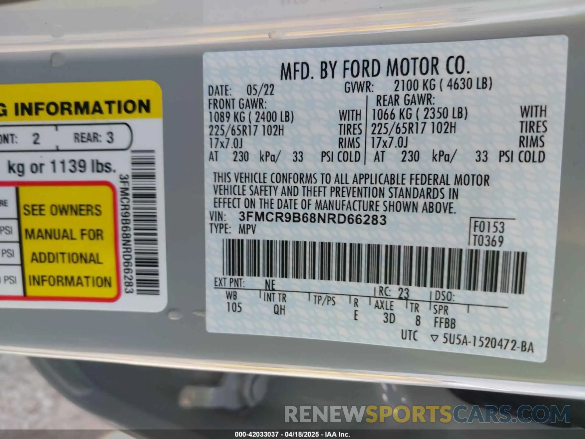 9 fotografías del automóvil dañado 3FMCR9B68NRD66283 FORD BRONCO SPORT 2022