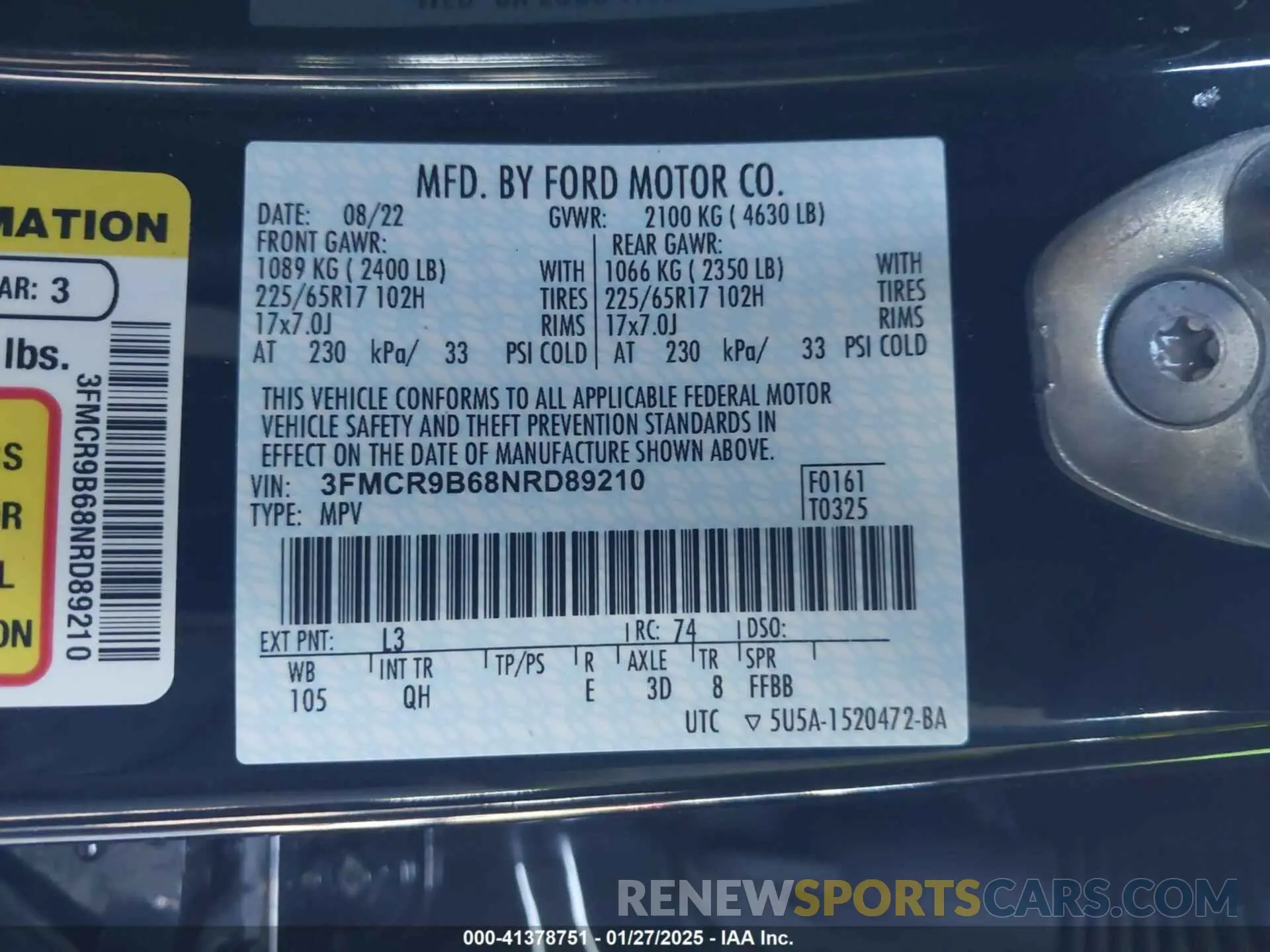 9 fotografías del automóvil dañado 3FMCR9B68NRD89210 FORD BRONCO SPORT 2022