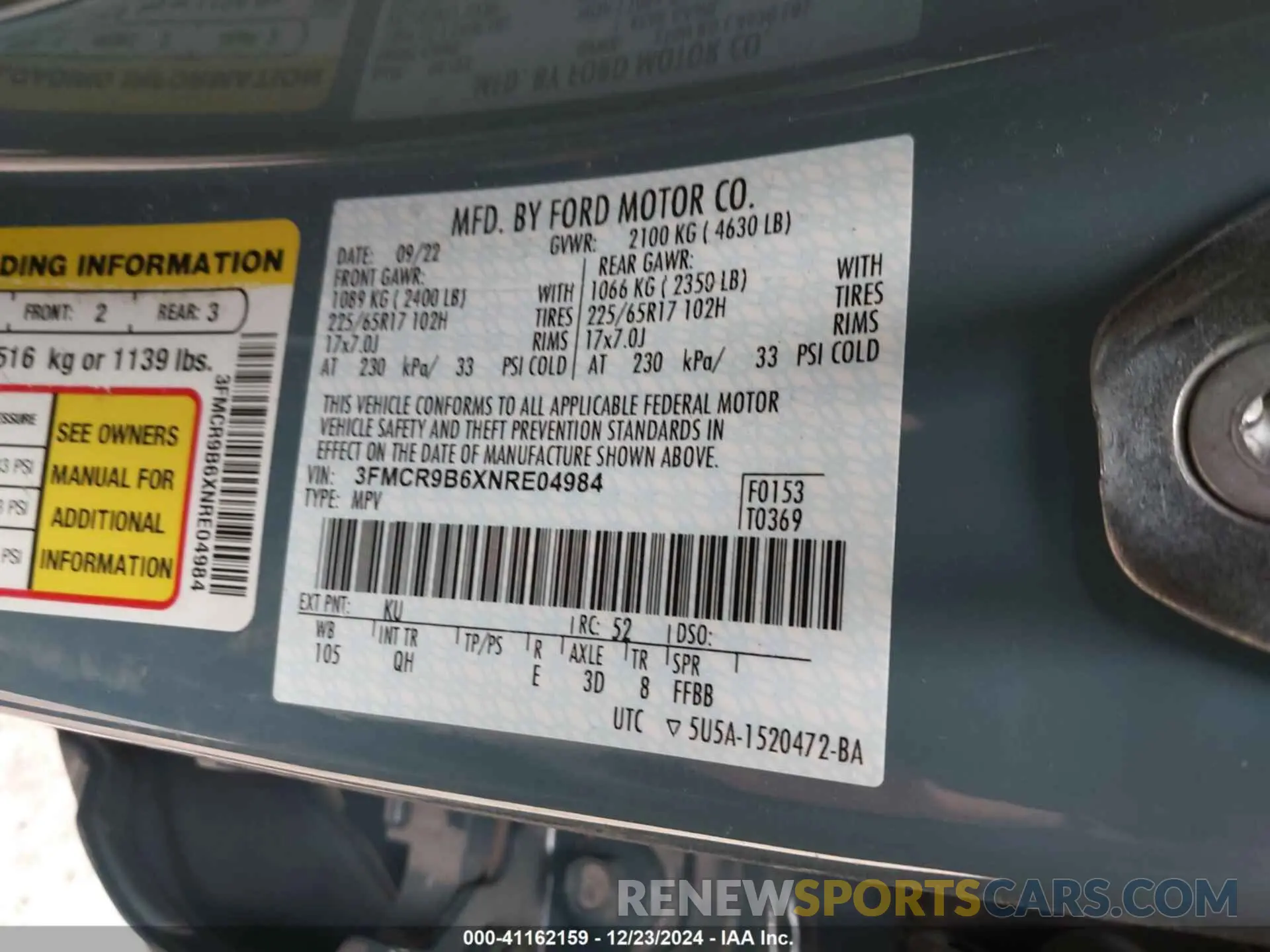 9 fotografías del automóvil dañado 3FMCR9B6XNRE04984 FORD BRONCO SPORT 2022