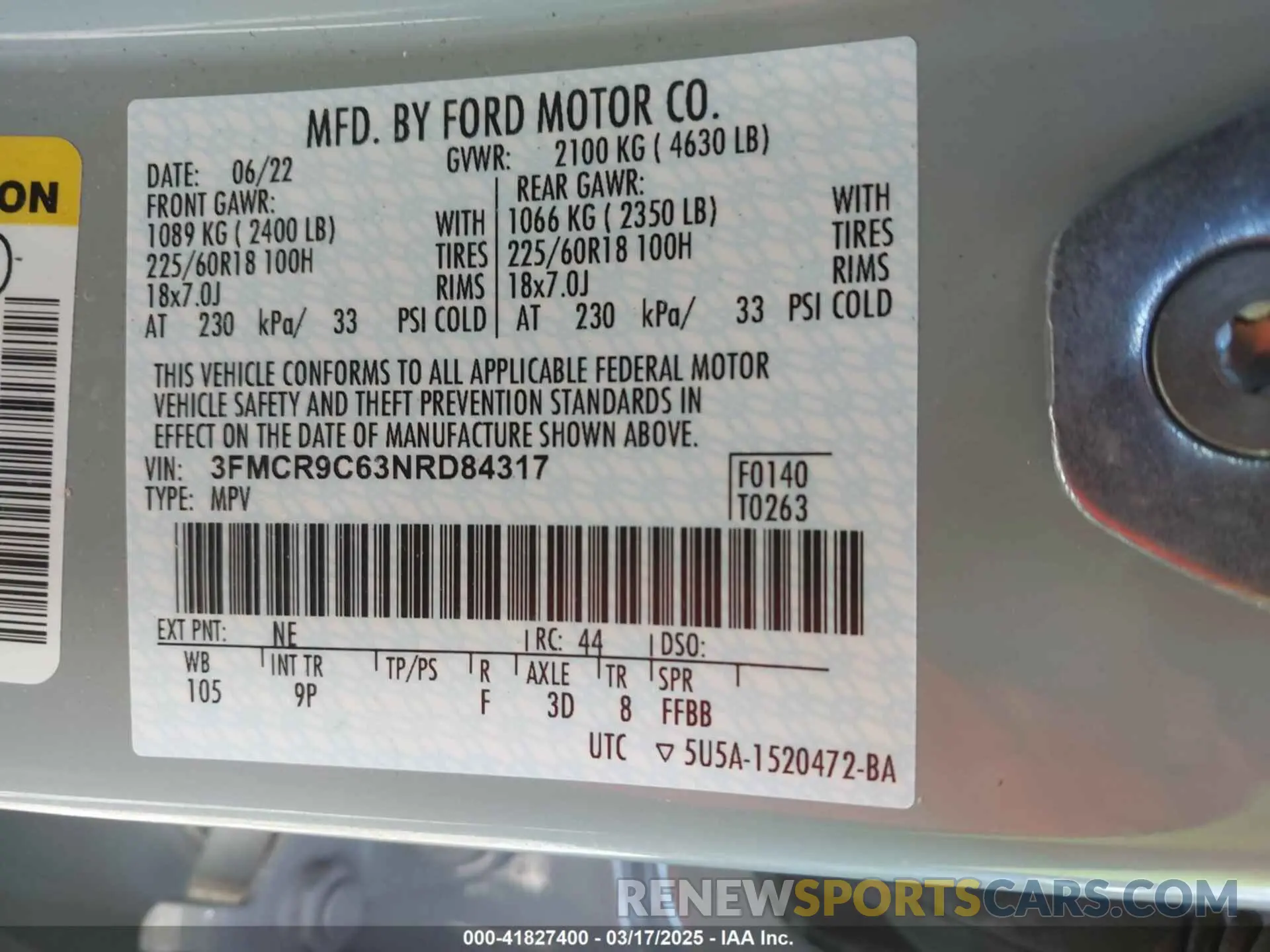 9 fotografías del automóvil dañado 3FMCR9C63NRD84317 FORD BRONCO SPORT 2022