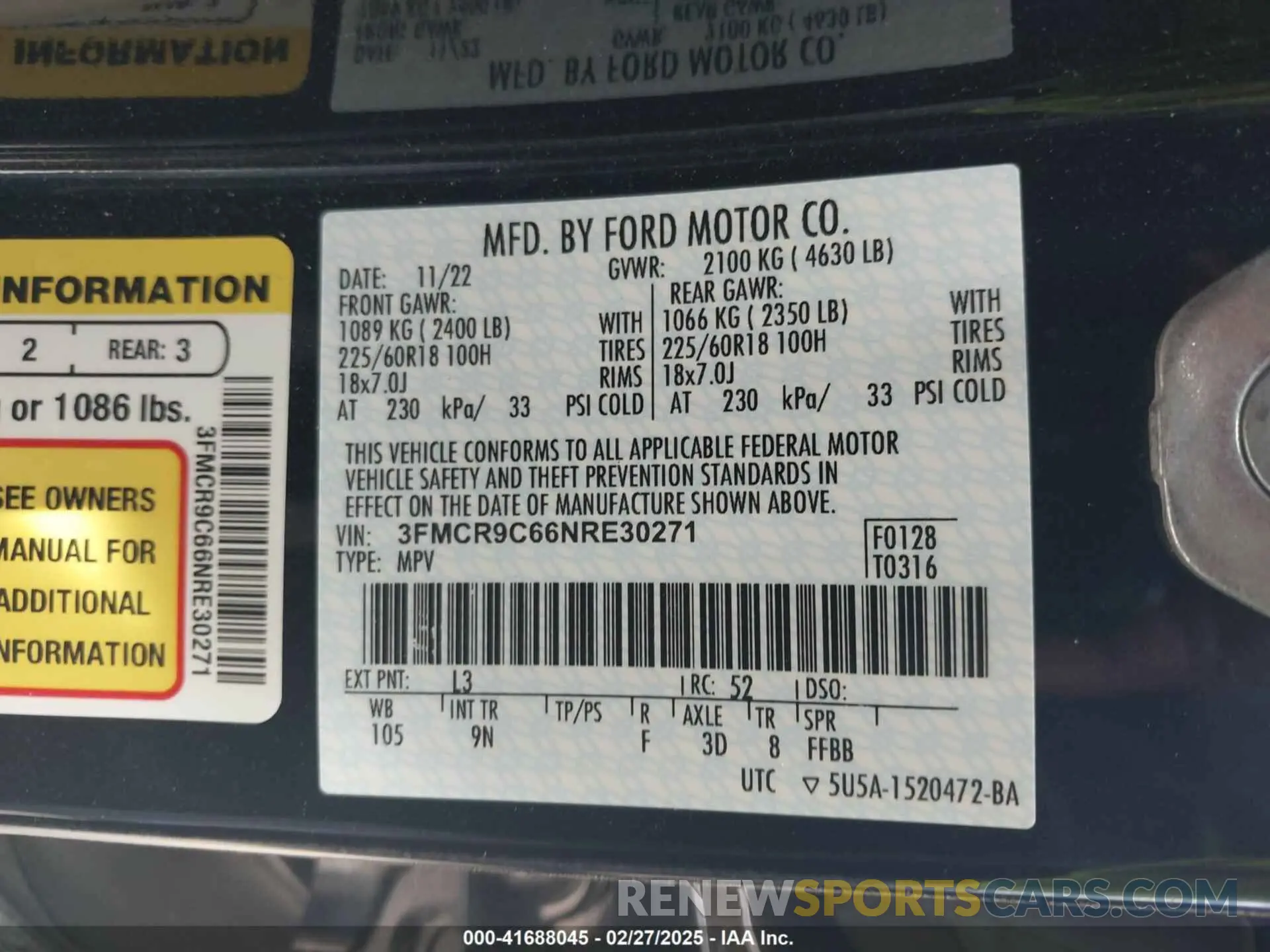 9 fotografías del automóvil dañado 3FMCR9C66NRE30271 FORD BRONCO SPORT 2022