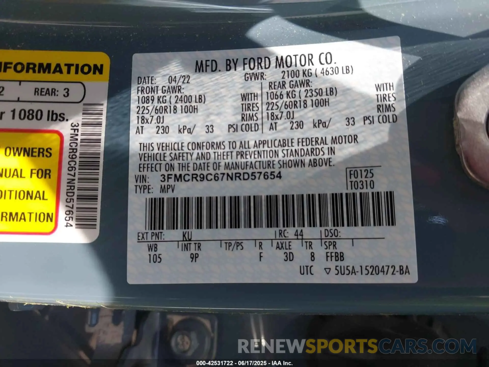9 fotografías del automóvil dañado 3FMCR9C67NRD57654 FORD BRONCO SPORT 2022